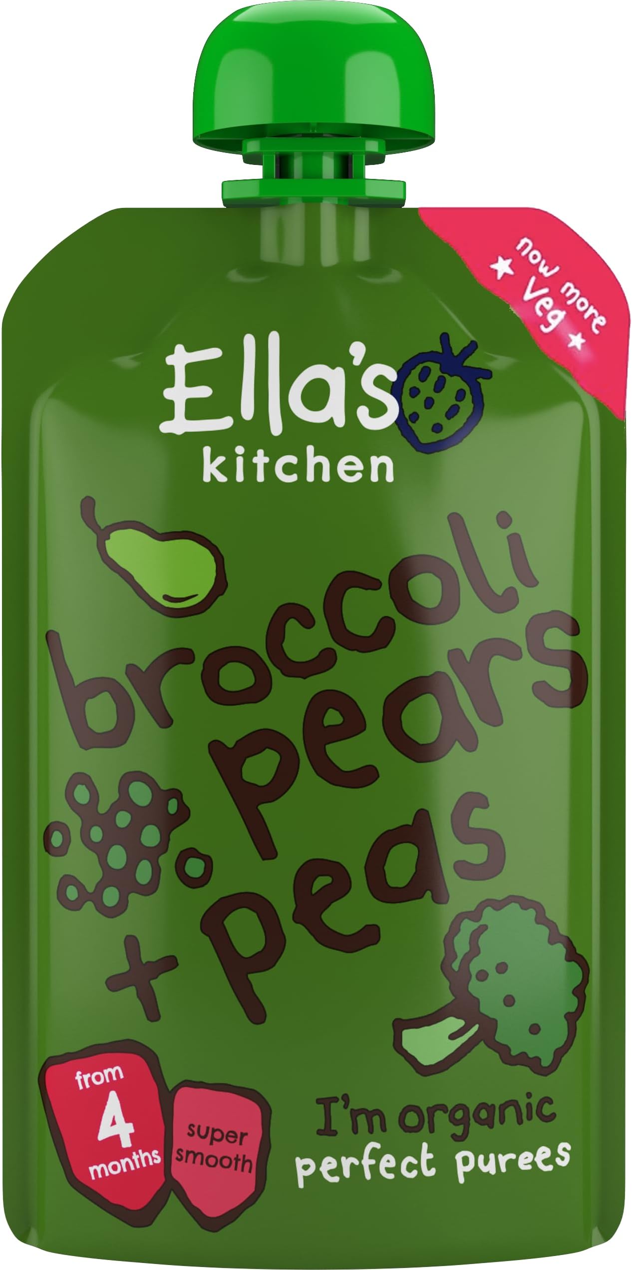 Ella's Kitchen Organic Pears, Peas and Broccoli Puree, 4+ Months Baby Food, Gluten & Dairy Free - 120g