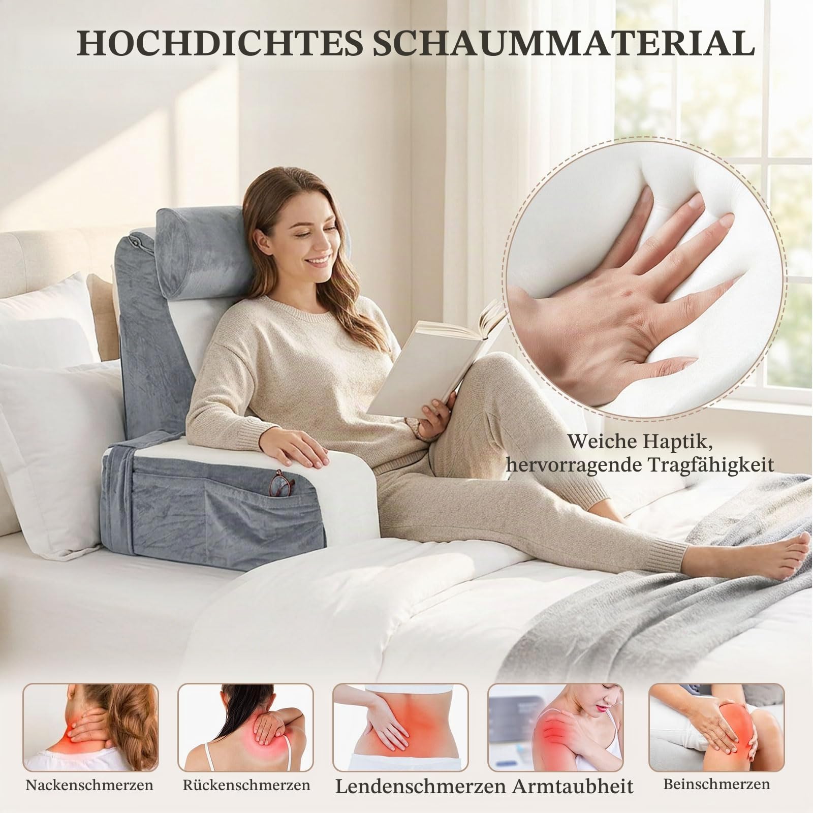 Lesekissen für Bett und Sofa, Rückenkissen für Erwachsene mit abnehmbaren Armlehnen und Kopfkiseen, Bettkissen Rückenlehne mit Waschbarem Bezug, Rückenstützkissen zum Lesen, Fernsehen, Faulenzen