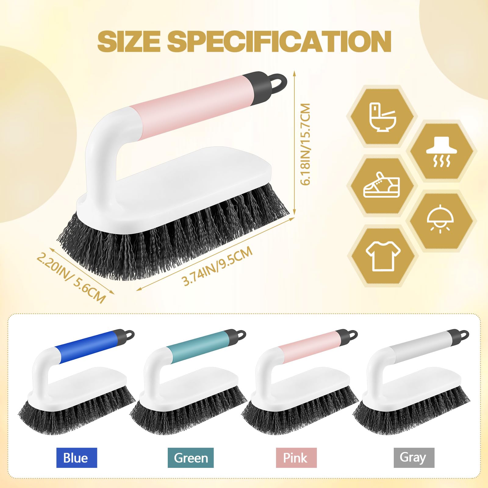 Teenyyou 16 Pack Scrub Brush Heavy Duty Cleaning Brushes with Handle Stiff Bristles Scrub Brush Bulk for Shower Bathroom Carpet Kitchen Bathtub Scrubber, Grey, Blue, Green, Pink