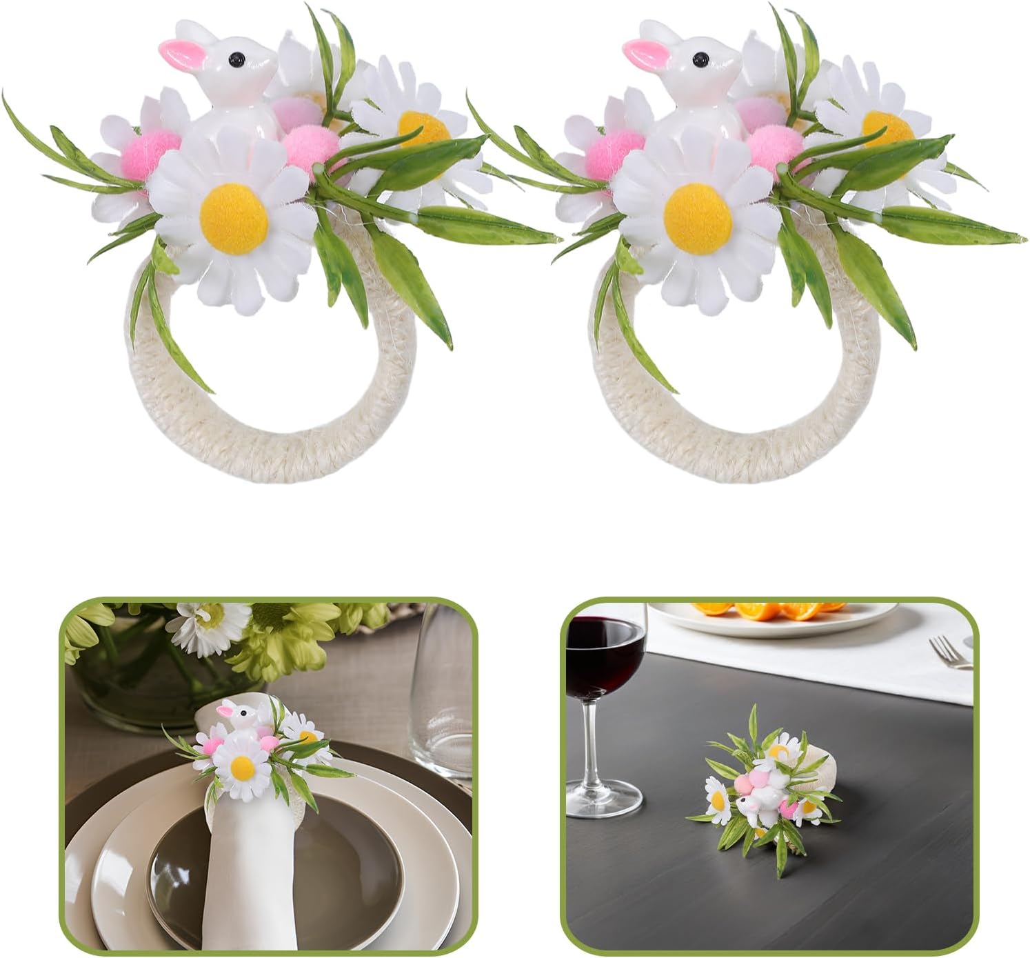 12PCS Easter Bunny Napkin Rings Rustic Jute Rope Holder with Artificial Flower for Spring Banquet Table Party Accessories