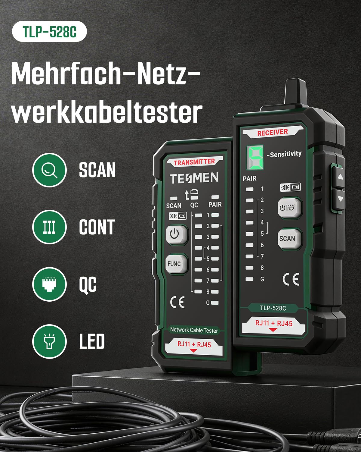 TESMEN TLP-528C Netzwerkkabeltester, RJ11/RJ45, Kabelsuchgerät mit Toner für CAT5/CAT6, Durchgangs- & QC, LAN- & Telefonfinder, ideal für Kabelwartung und -sortierung – Grün