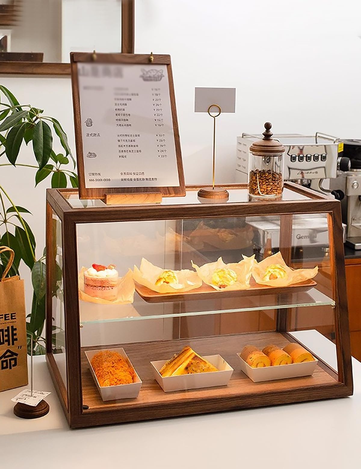 Vitrina de pastelería de 2 Niveles, de Cristal, 60 cm (23,6 Pulgadas), Trapezoidal, con iluminación LED y Mueble de Madera. Ideal para Pasteles, Donuts y Uso Comercial.