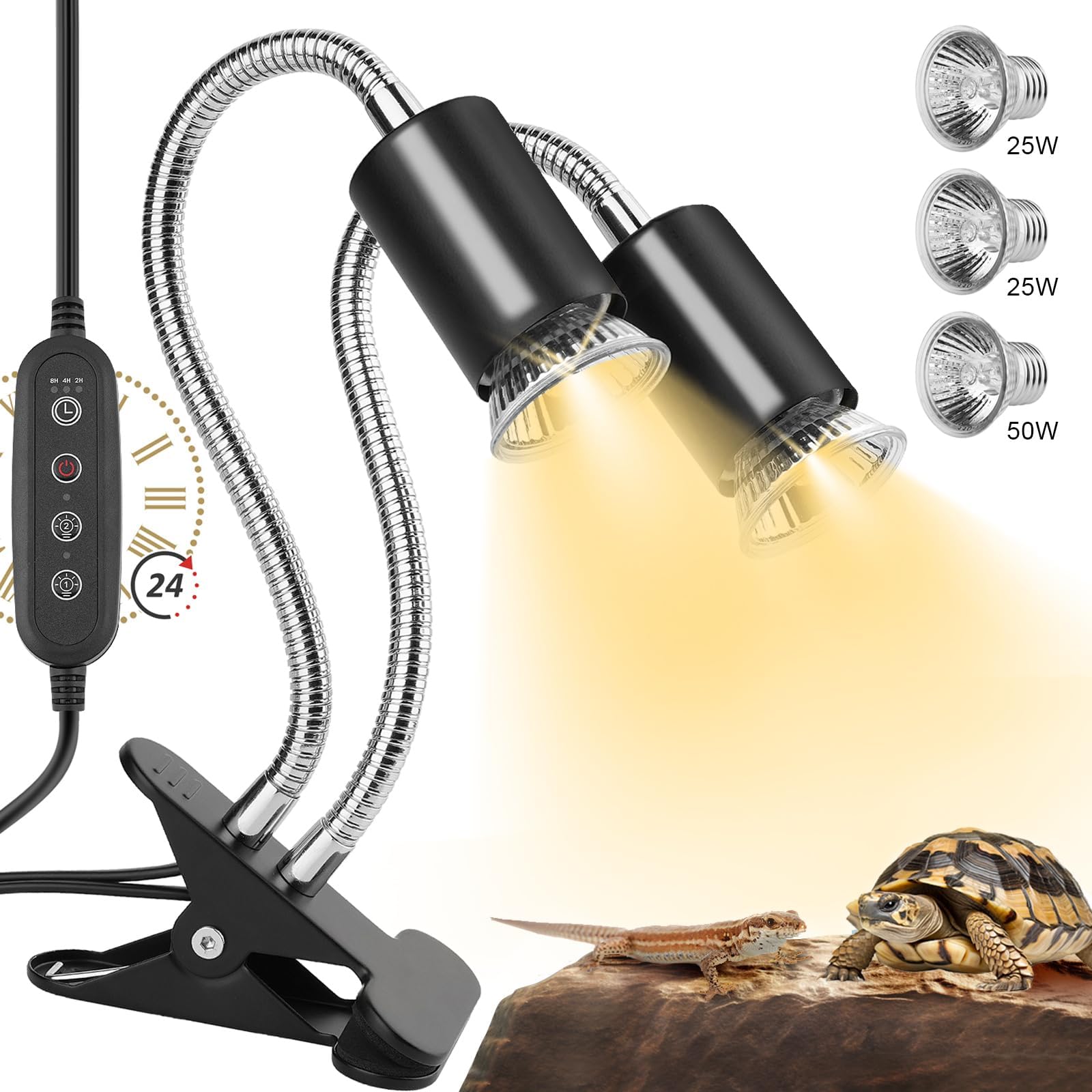 Reptile Heat Lamp, Dual-Head UVA UVB Heating Light Lamp with Cycle Timer,Basking Light for Reptiles Bearded Dragon Turtle Snake, Separate Control, 3 Basking Bulbs