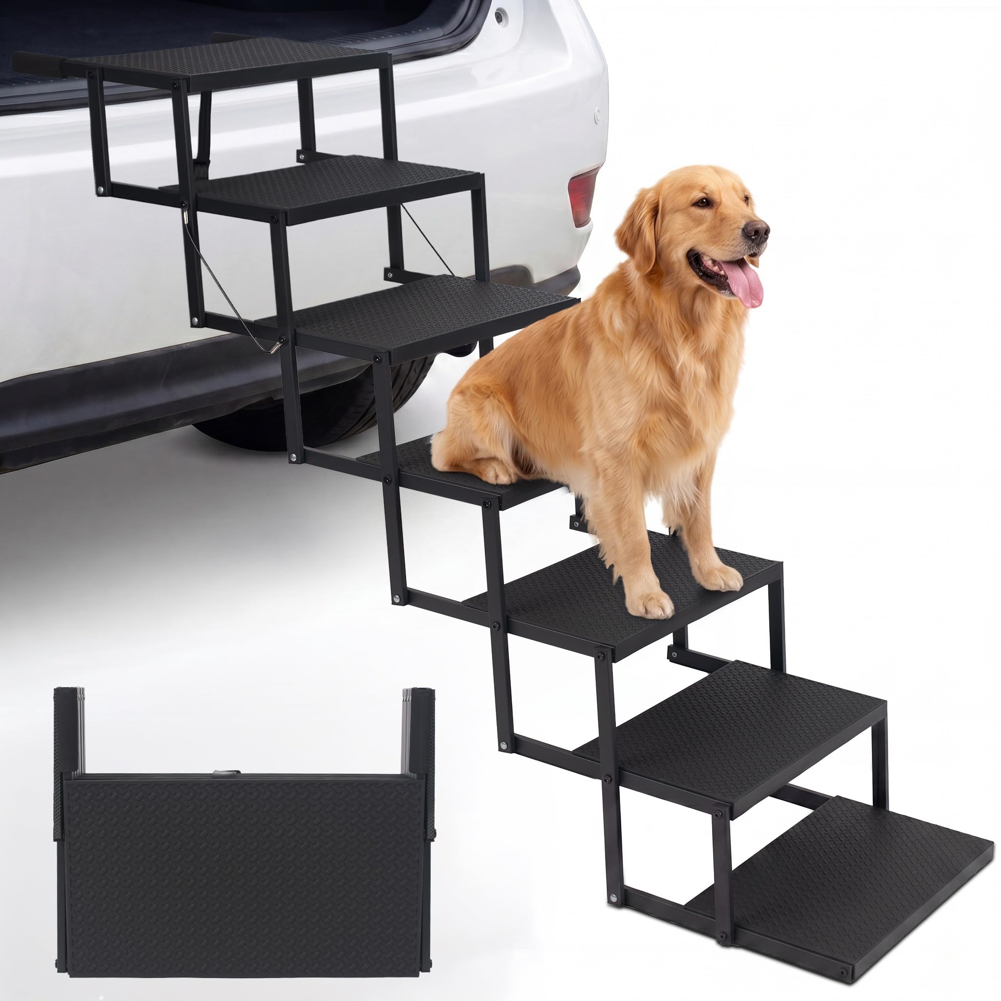 Escalier Pliable pour Chien - pour Grands Chiens (jusqu'à 113 kg) et Vieux Chiens - Aide à l'entrée en Voiture - pour SUV, Camion, Coffre - avec Insert antidérapant - 7 marches