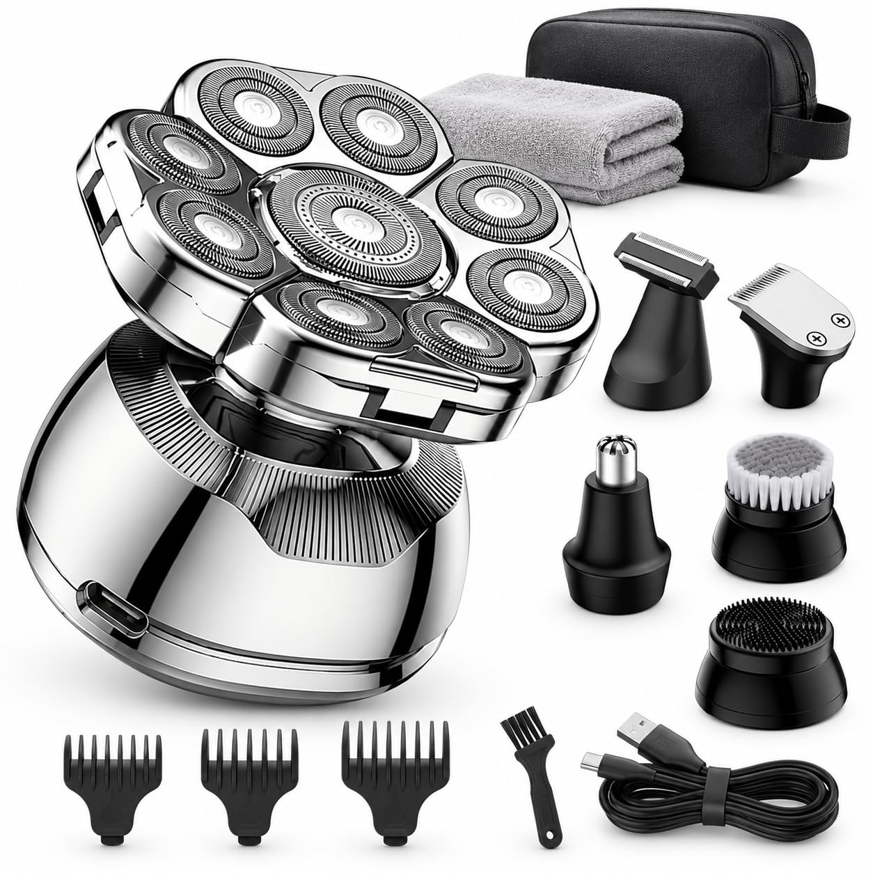 Afeitadora de Cabeza Calva con Cuchillas Flotantes 9D,Carga USB, Kit 6 en 1