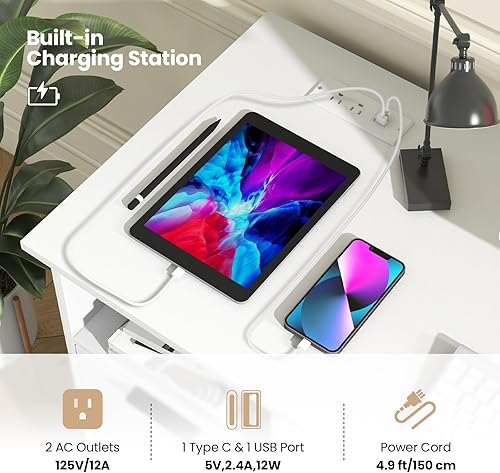 Miniatura 6 de Tangkula Escritorio blanco con 3 cajones y estación de carga, escritorio de oficina en casa con estante abierto, escritorio de estudio, estación de