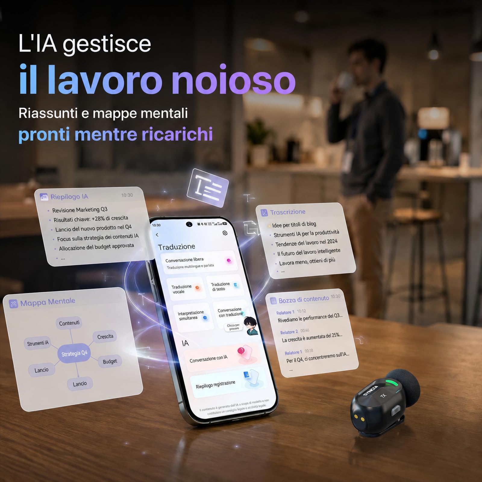 SYNCO SMICT Microfono Wireless AI per Android, Lavalier USB-C con Traduzione in Tempo Reale, App AI Bluetooth, Riduzione Rumore, 2 Microfoni per Vlog, Streaming e Interviste