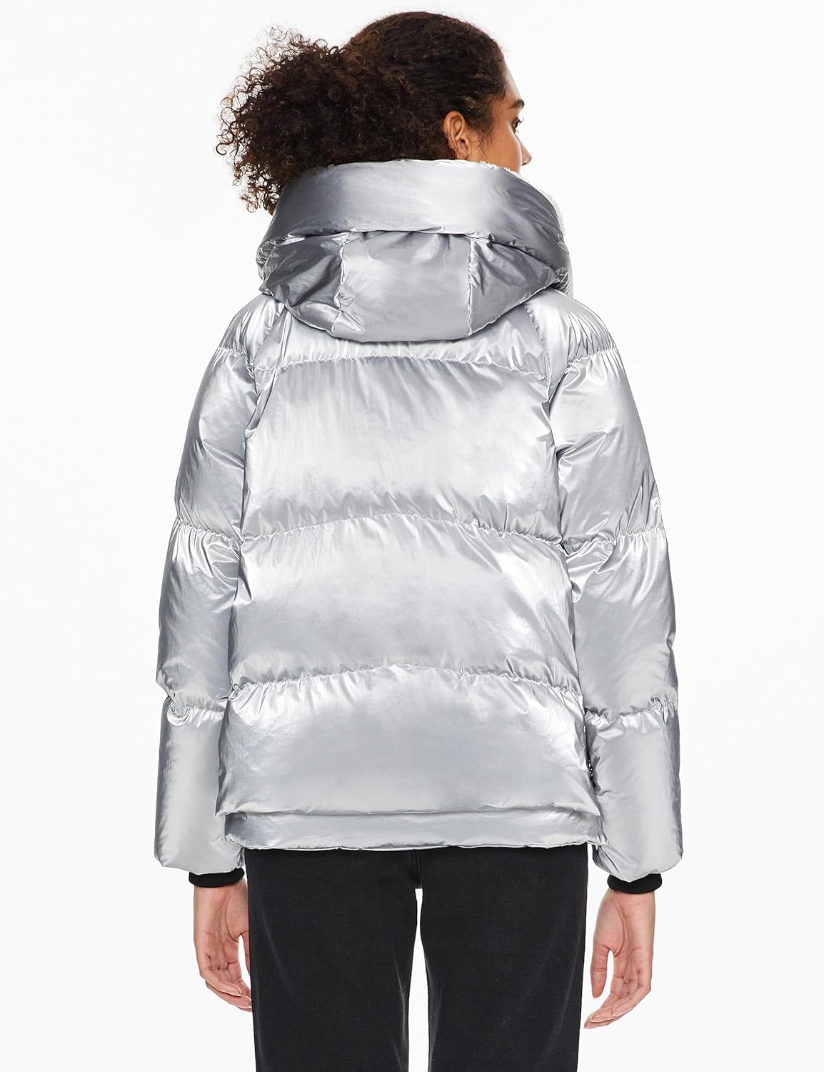 Orolay Women's Metallic Down Jacket Short Cropped Puffer Jacket Full-zip Water-resistant Outerwear with Fleece-lined Hood