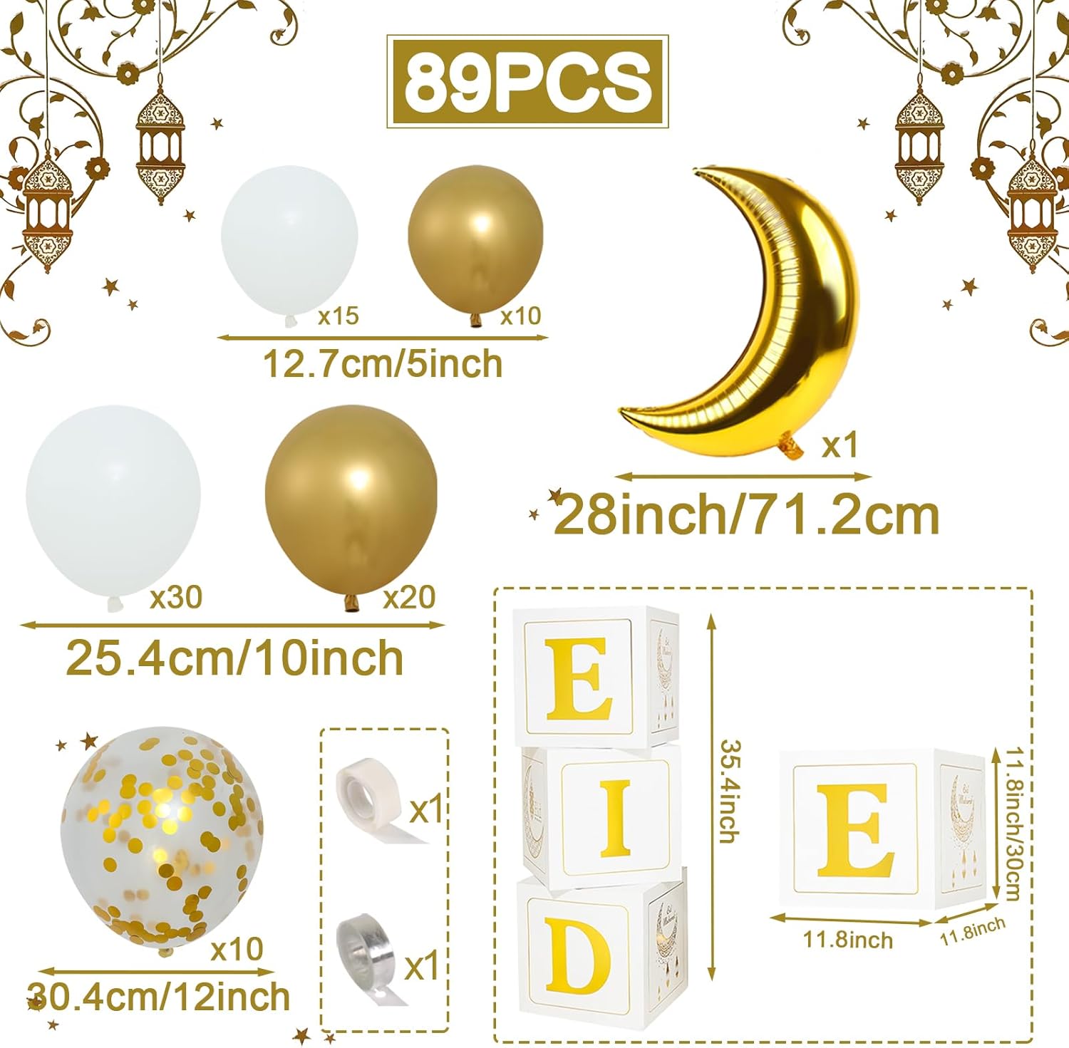 Eid Mubarak Decoration for Home 2026 - 89 White Gold Balloon Arch with Eid Mubarak Star Balloons,Star Moon Balloon Boxes,Ramadan Party Supplies Decorations for Ramadan Festival