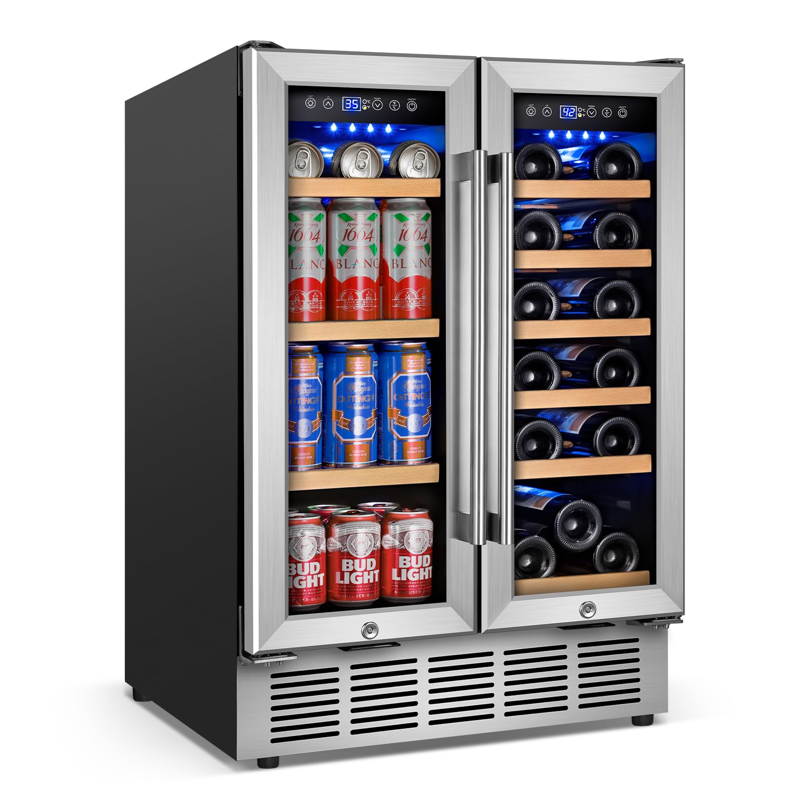 turephe Wine and Beverage Refrigerator with Glass Door, 24-Inch Dual Zone Wine Fridge Under Counter, 18 Bottle and 65 Can Large Capacity Led Blue Light Smart Fast Cooling Wine Cooler on Fridge.com