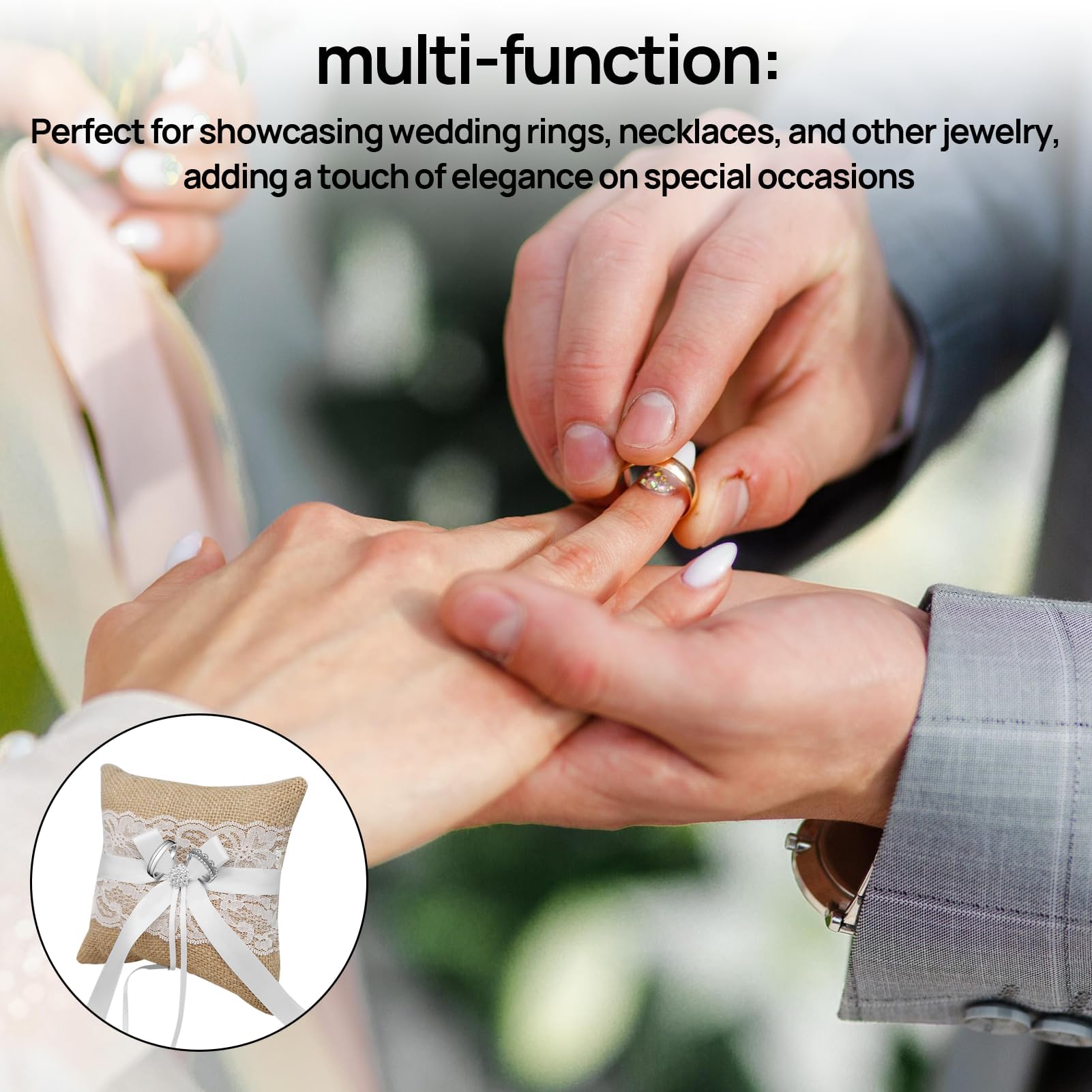 HANIUTTY Cuscino Fedi Nuziali 20x20cm - In Lino E Pizzo, Con Fiocco, Per Cerimonie - Foto 2