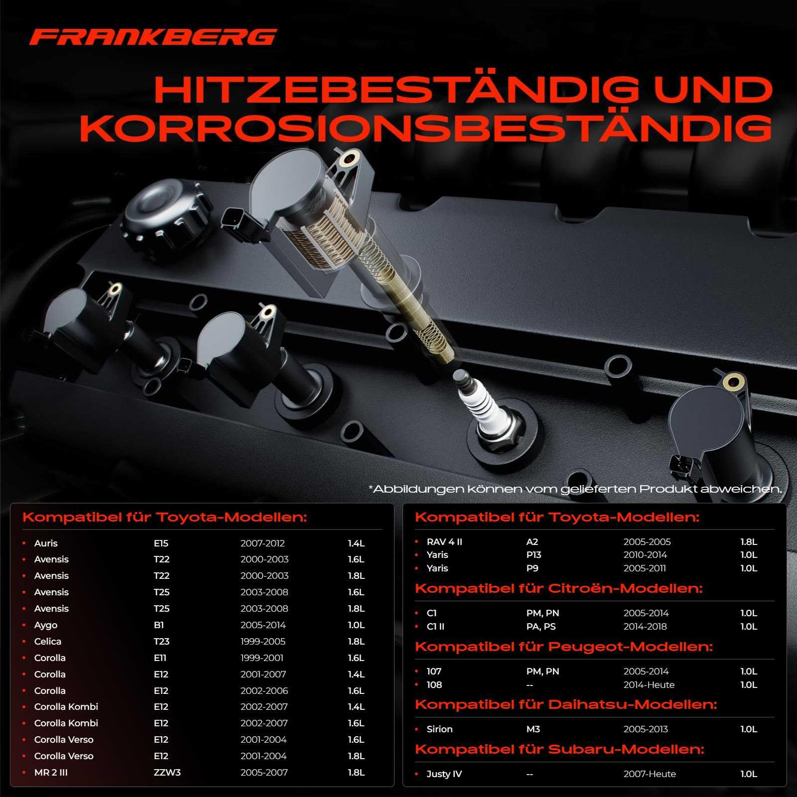 Frankberg 4x Zündspule Zündmodul Kompatibel mit C1 1.0L 2005-2014 C1 II Cuore Sirion 107 108 Justy IV A.u.r.i.s Avensis Aygo Celica Corolla MR2 III Yaris Benzin Replace# 90919-02239
