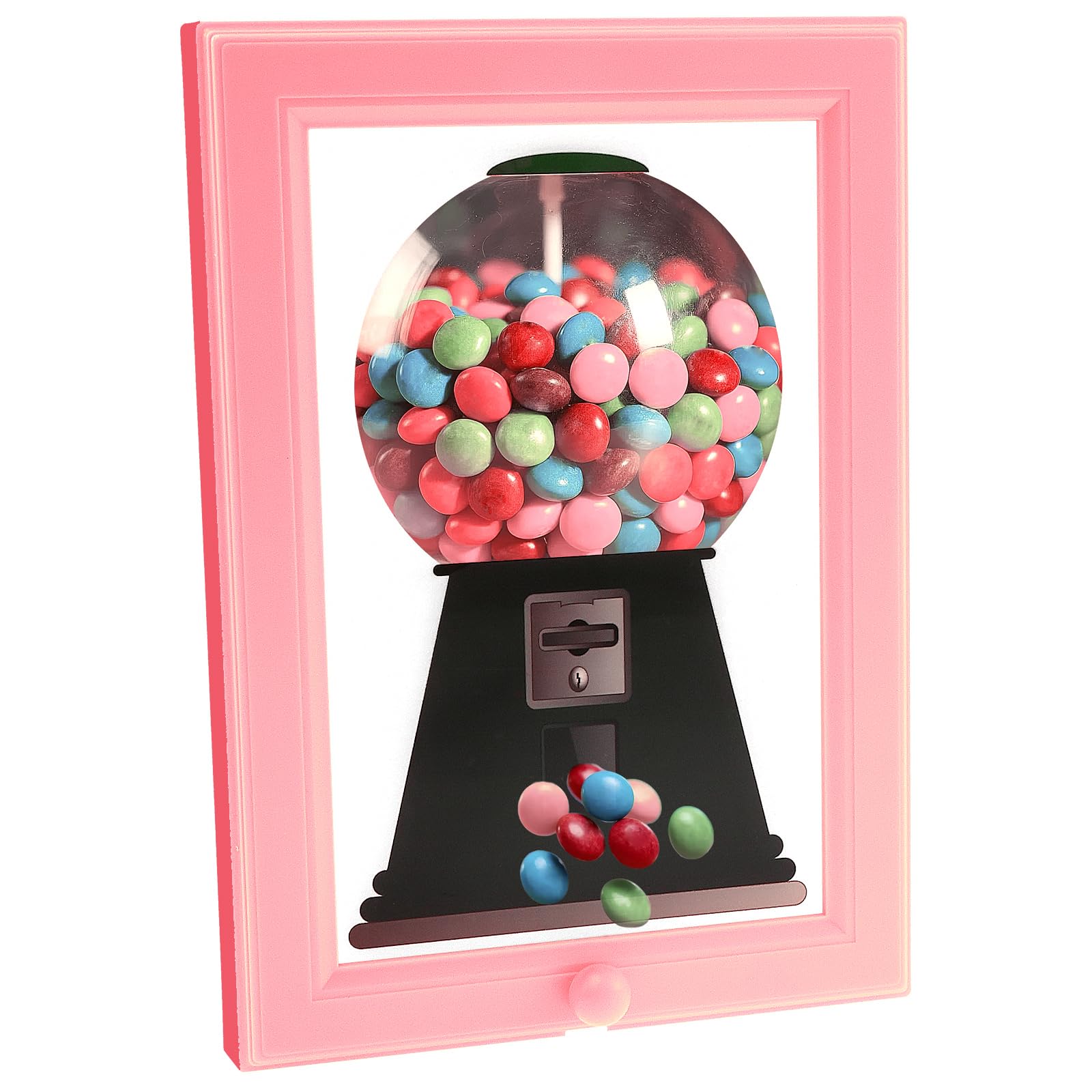 GUIJZSLTRG Picture Frame Sweet Dispenser for Kids, Creative Stand on Table Gumball Machine in Frame, Cute Hanging Candy Dispenser Home Decor for Candies Nuts Dog Cat Treats Holiday Presents (Pink)