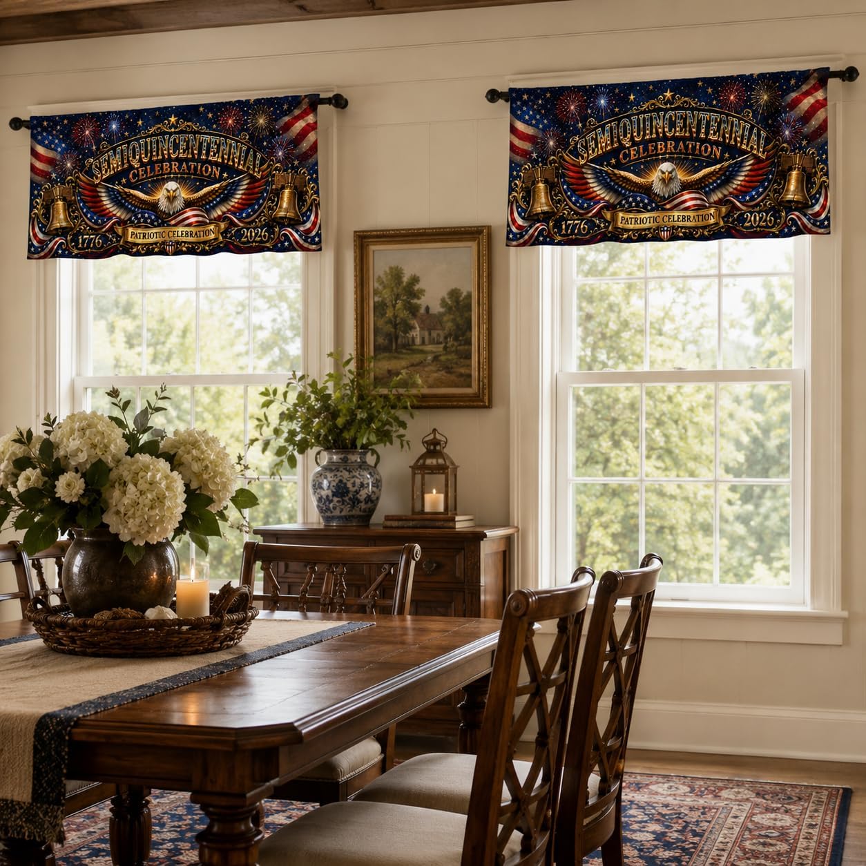 Semiquincentennial Eagle Bell Window Valances, Patriotic Curtain Toppers for Kitchen Bedroom Living Room, Rod Pocket, 54 x 18 Inch, Set of 2 Panels