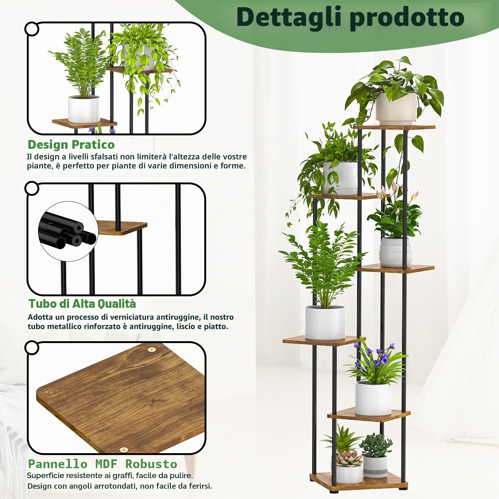 Supporto per piante da interno, 6 ripiani alti per piante, mensola per interni, espositore angolare per vasi da fiori, ripiani in metallo per più piante