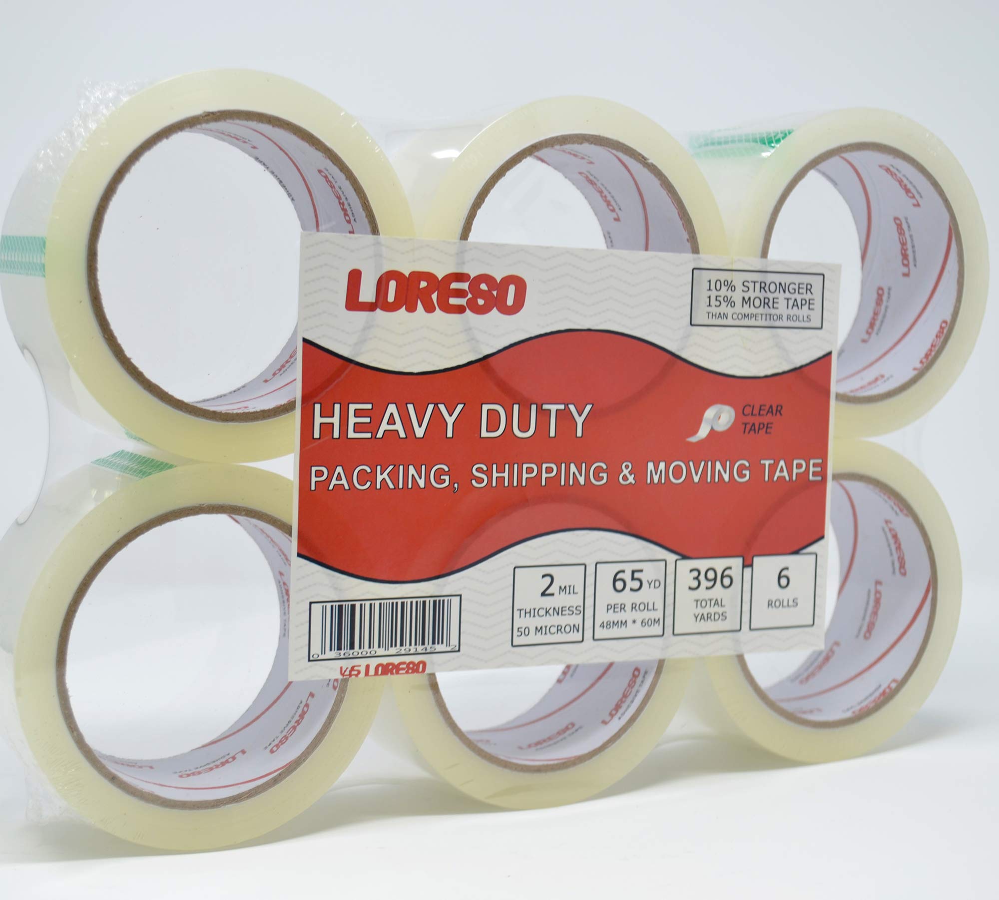LORESO Packing Tape 6 Rolls - Heavy Duty Clear Tape for Packing, Shipping & Moving, 6 Tape Dispenser Refill Rolls - (2 Inch x 65 Yards)