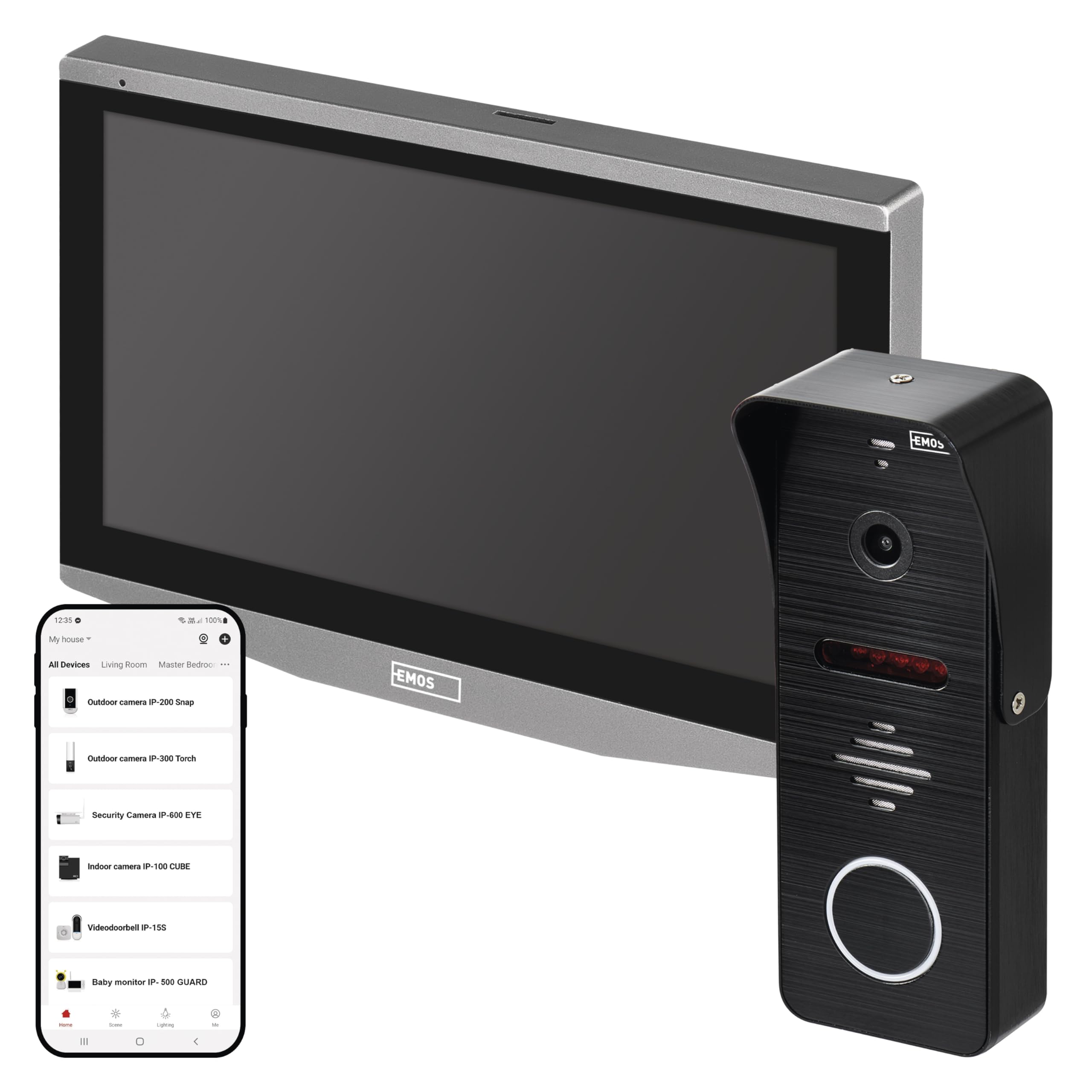 Bak view of EMOS GoSmart IP-700A monitor and outdoor camera, showing wiring terminals and 12V DC power input.