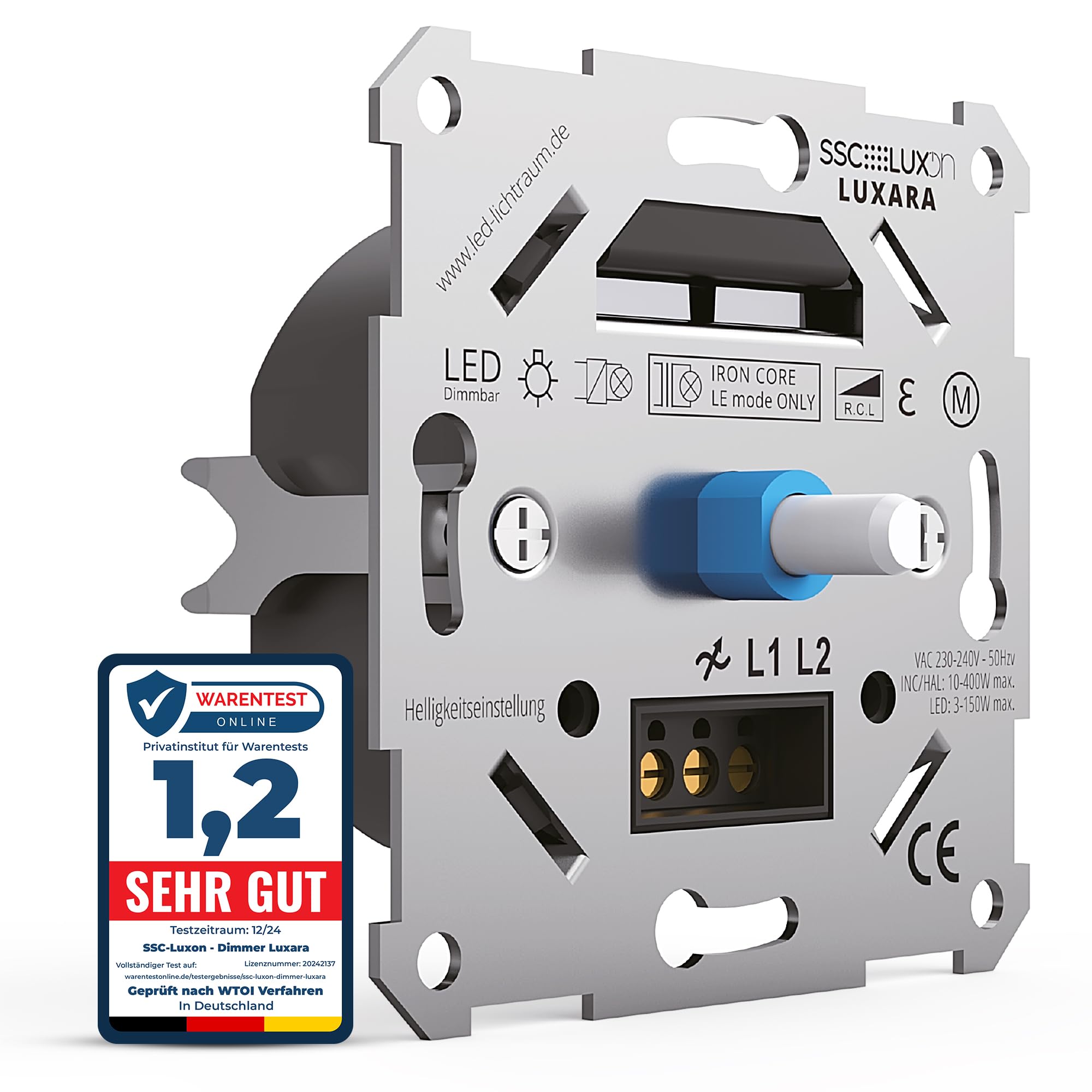 SSC-LUXon LUXARA Universeller LED Drehdimmer Unterputz Dimmschalter Lichtschalter für dimmbare LED Lampen 3-150W 230V - Unterputzdosen Dimmer inklusive Adapter