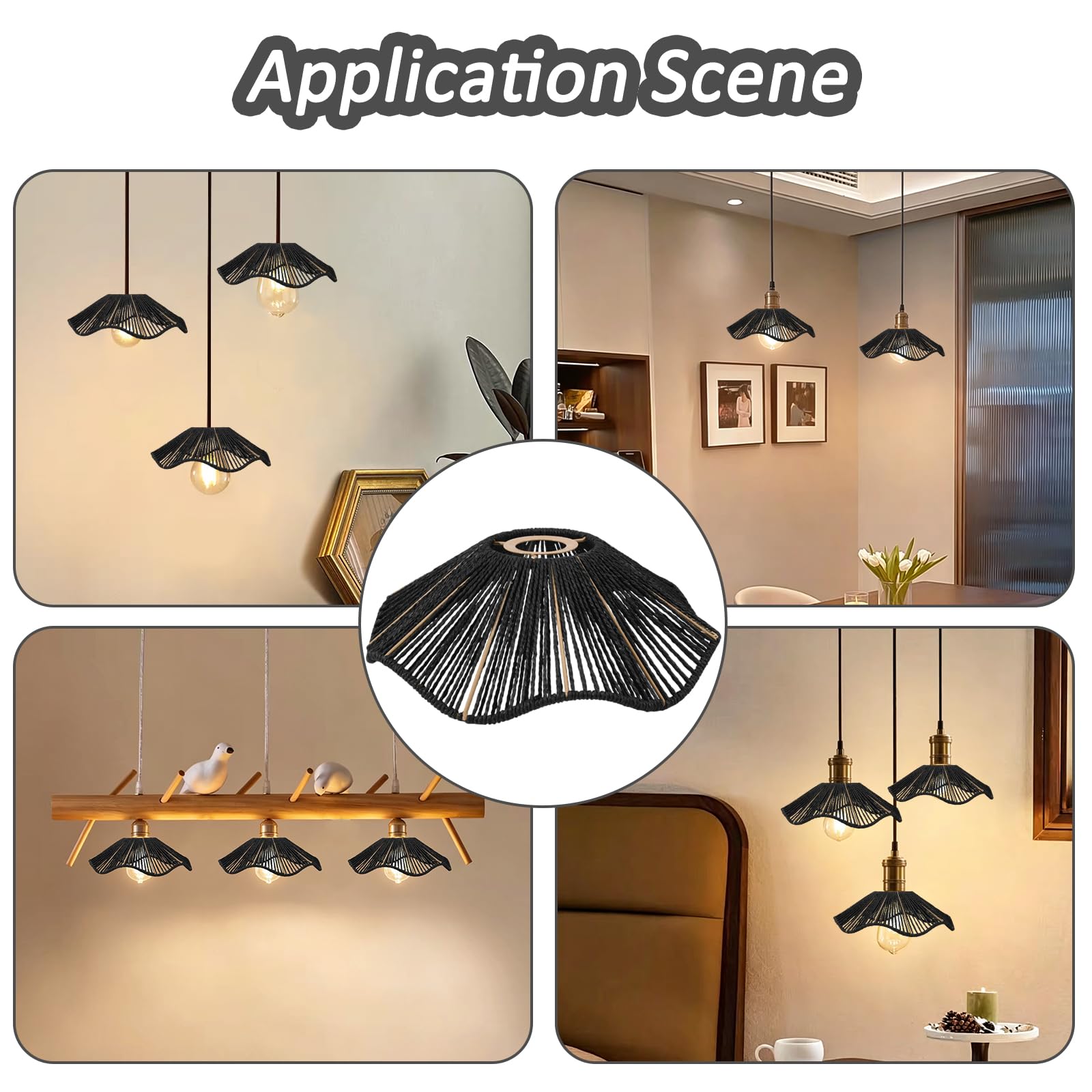 3 paralumi in rattan a forma di conchiglia, in carta intrecciata e ferro, stile bohémien, per soggiorno, camera da letto, cucina, sala da pranzo, 29,5 x 29,5 x 9,35 cm, nero