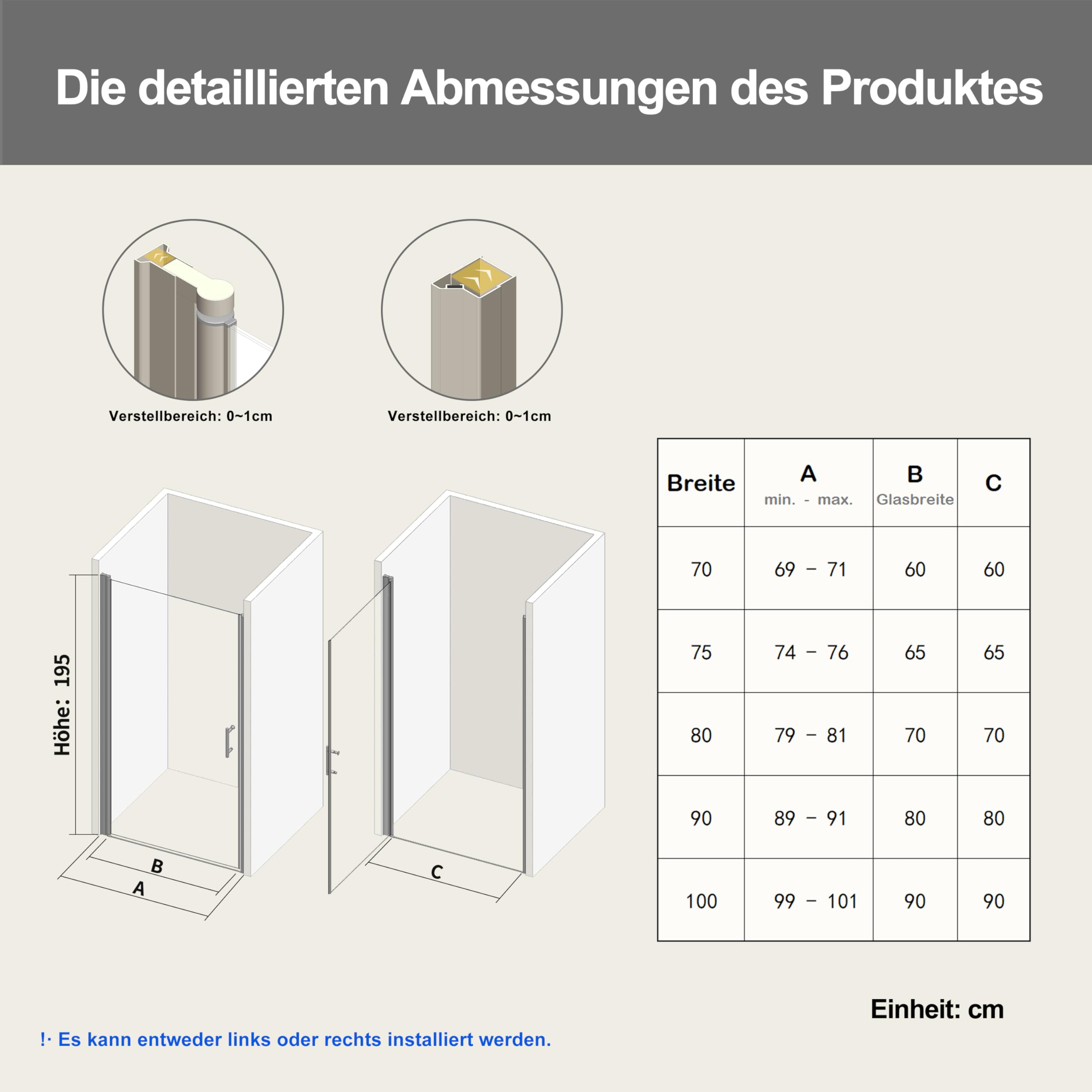 Duschtür 100x195 cm Nischentür Duschabtrennung Pendeltür Drehtür Schwingtür Dusche Duschwand Glas Duschtrennwand Nischendrehtür – 6 mm ESG-Glas