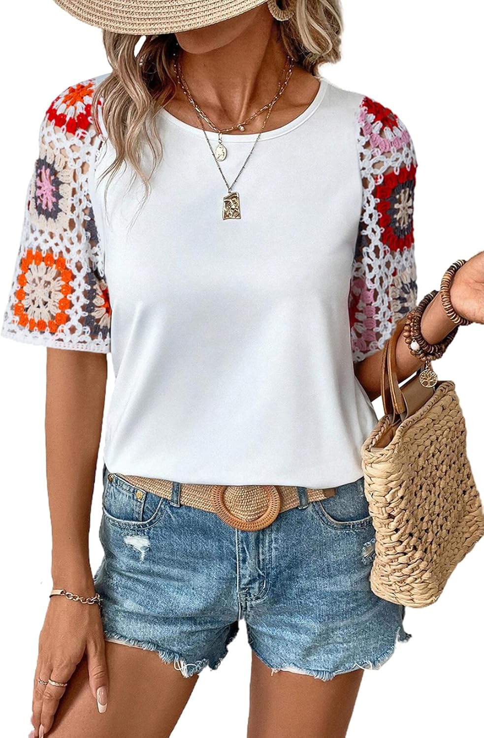 SHEWIN Womens Crochet Floral Print Tops Casual Short Sleeve T Shirts Crewneck Boho Beach Vacation Clothes