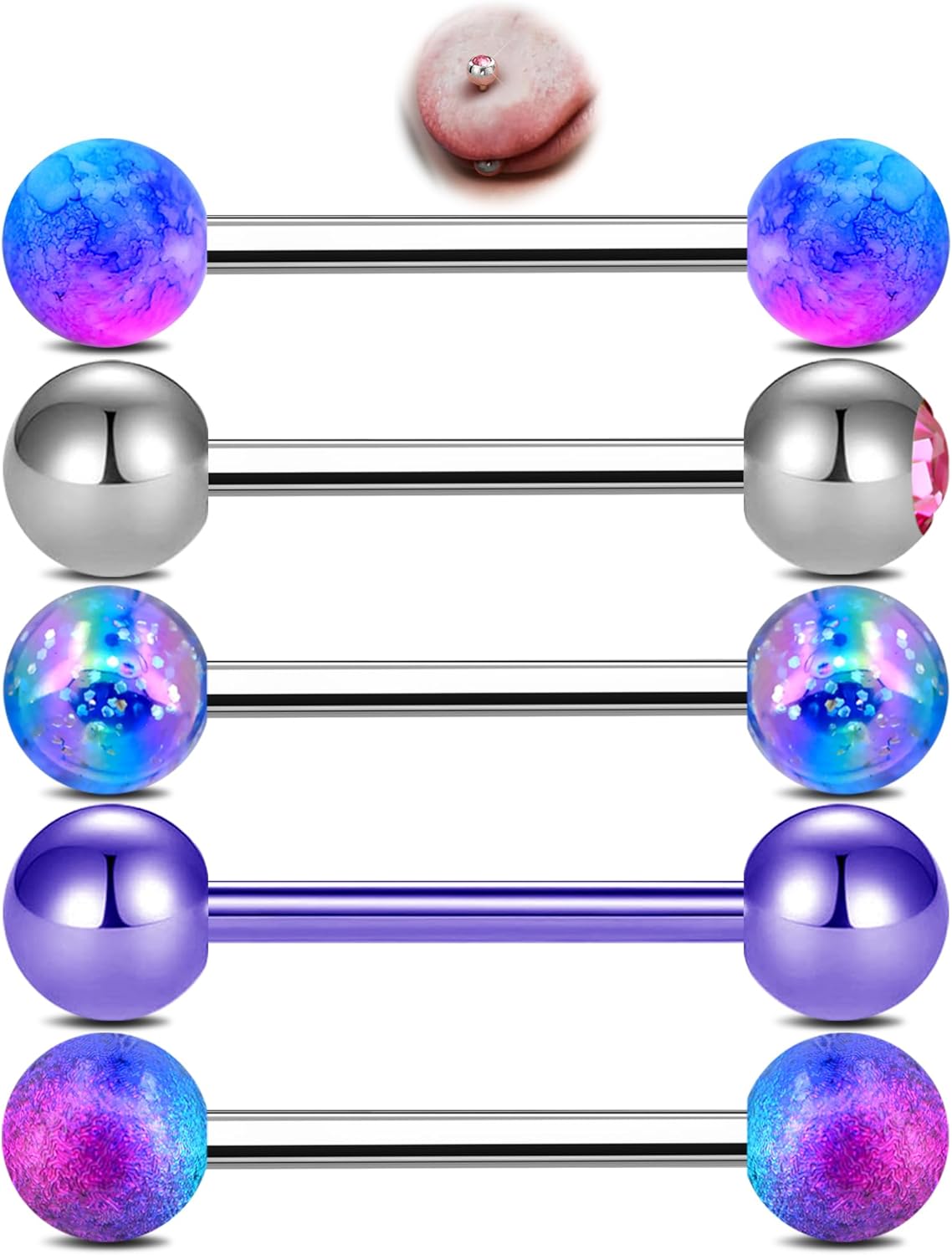 Melighting 14G 5PCS Tongue Rings Set, Purple Tongue Piercing Jewelry 316L Surgical Steel Piercing, Body Barbell Ball Bars Pack Clear CZ for Women 16 mm