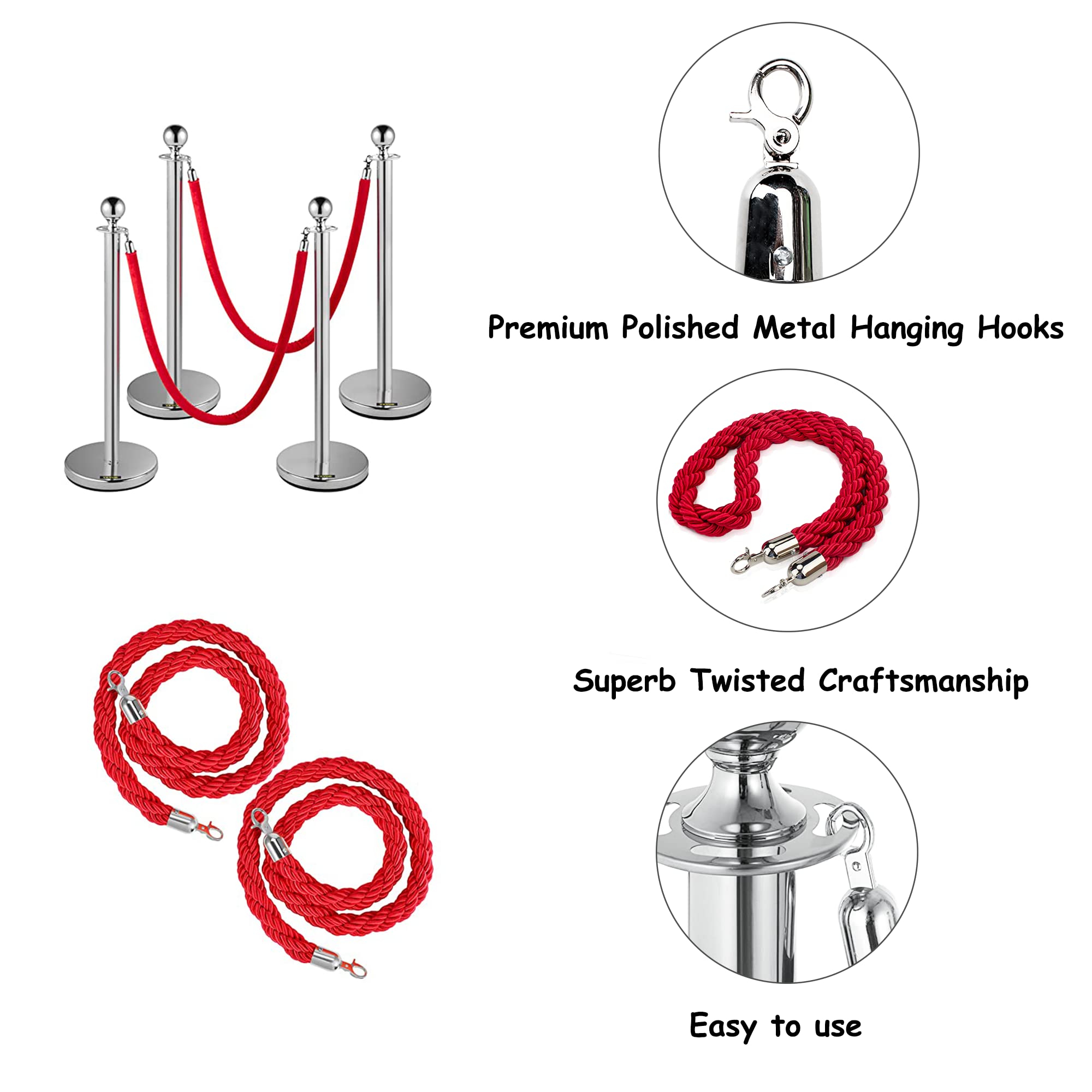 2 Pièc 1.5m Corde de Barrière pour Contrôle des Foules | Corde pour Système de Guidage avec Or Crochets | Cordes Torsadées Suspendues en Nylon | pour Hôtel, Cinema, Publics Contrôle des Foules