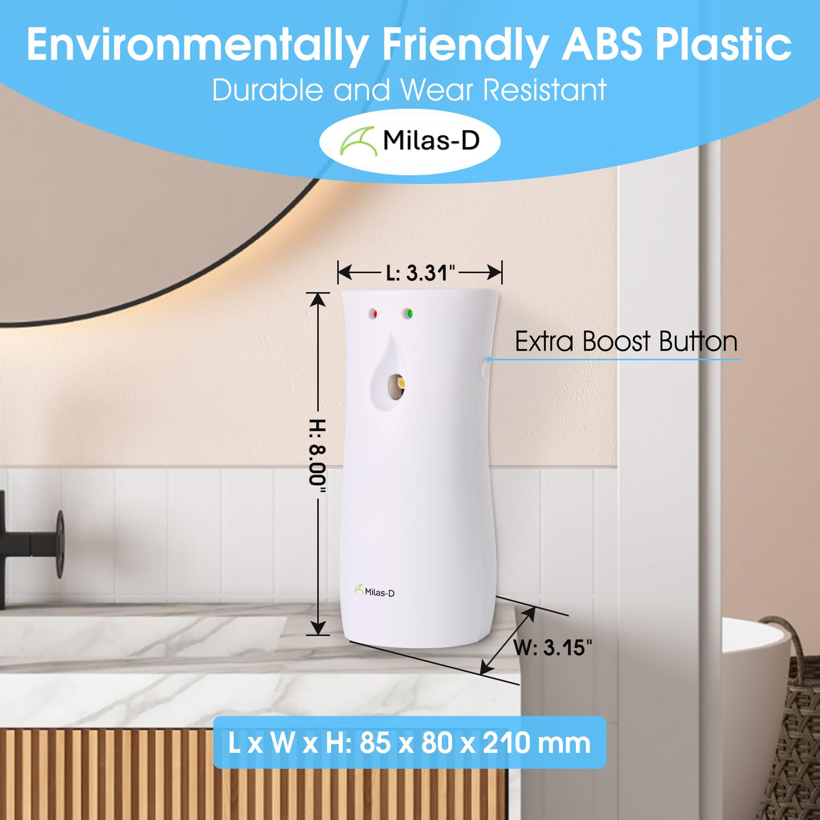 Dispenser automatico spray deodorante per ambienti per uso domestico e commerciale, montaggio a parete o autoportante, compatibile con Glade e Air Wick, bianco Milas-D