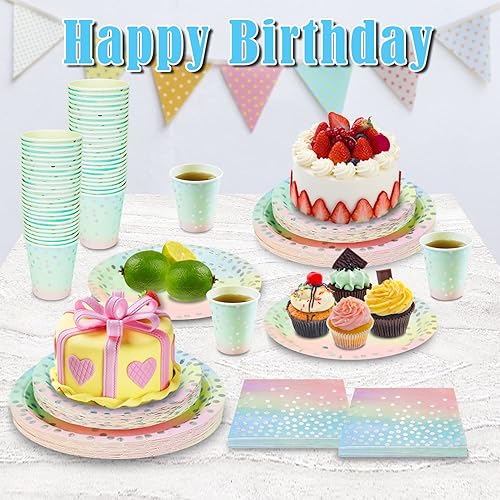 Miniatura 7 de Juego de vajilla desechable de 200 piezas en colores pastel para fiesta de cumpleaños y vajilla desechable colorida para fiesta de cumpleaños,