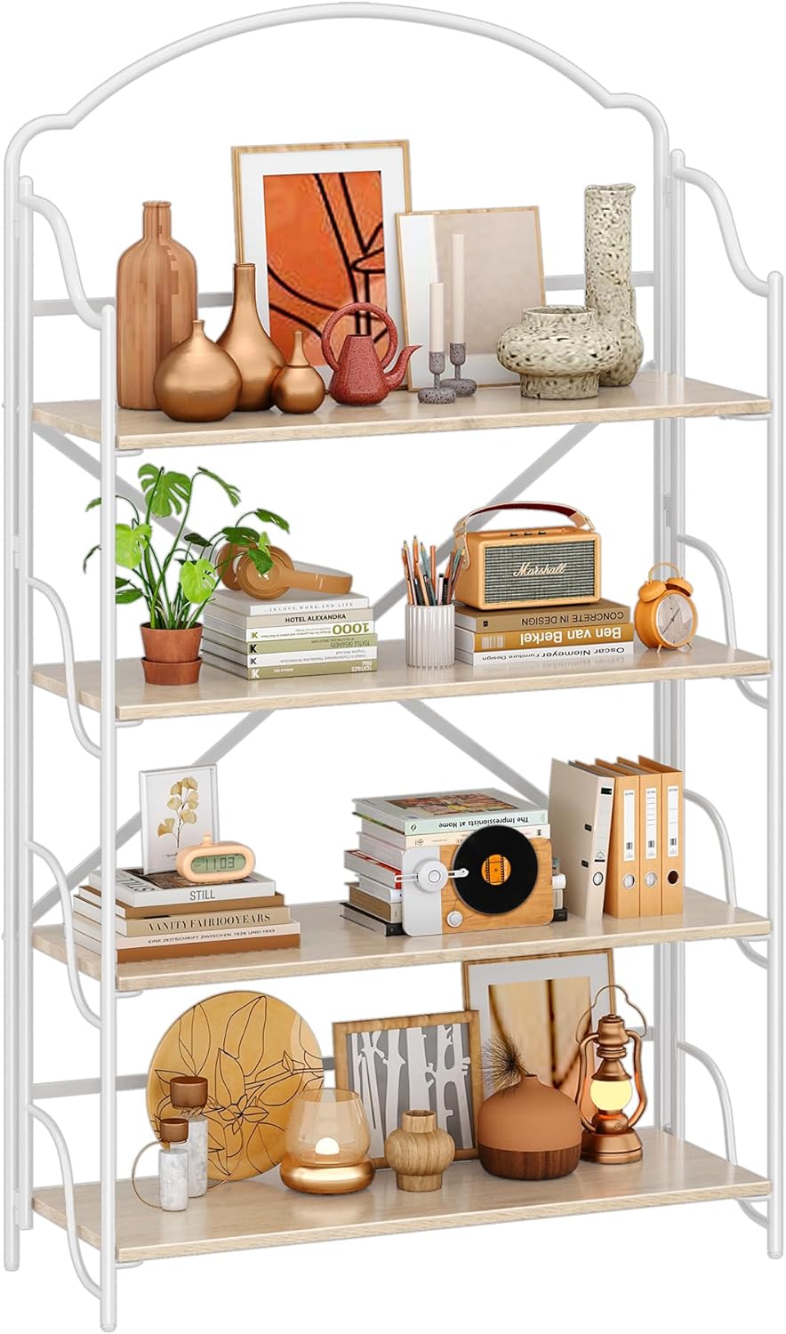 4NM No Assembly Folding Bookshelf for Living Room, 4 Tiers Collapsible Book Shelves Open Industrial Foldable Bookcase Storage Shelf for Home Office - Oak