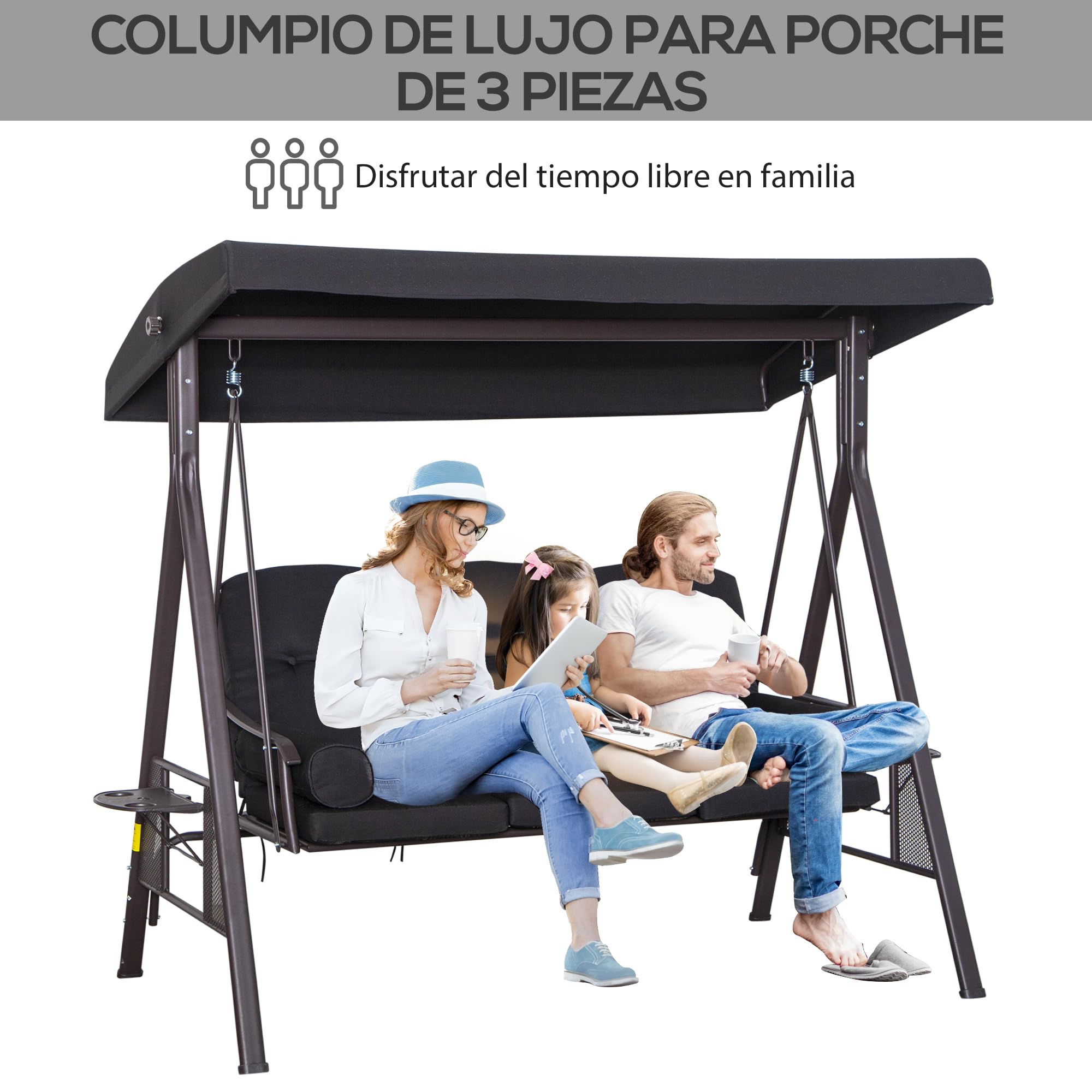 Outsunny Balancín de Jardín Exterior de 3 Plazas Columpio de Jardín Exterior con Toldo Curvo 2 Bandejas Laterales y 2 Almohadas de Brazo para Balcón Terraza Patio Carga 360 kg 206x116x183 cm Negro
