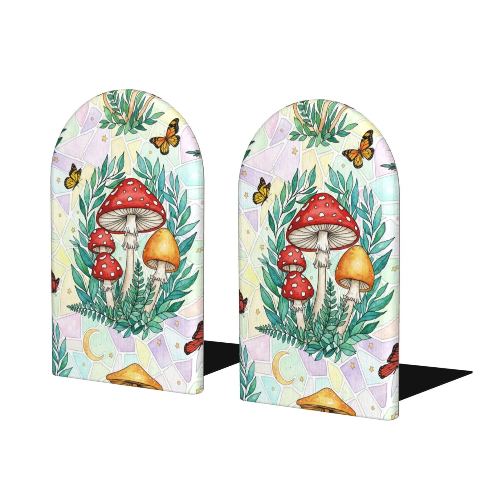 Wood Bookends for Shelves, Mushroom Butterfly Non-Slip Book Ends for Home Office Decor, Aesthetic Decorative Book Stands/Holder/Stopper, Book Dividers, Desk Organizers
