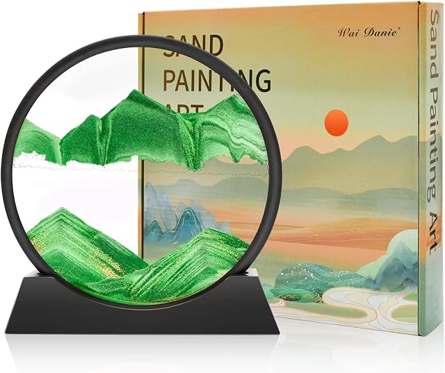 Wai Danie Moving Sand Art Picture 3D Hourglass Deep Sea Sandscape Liquid Motion Display Painting Flowing Sand Frame Relaxing Desktop Home Office Work Decor(Green 7")
