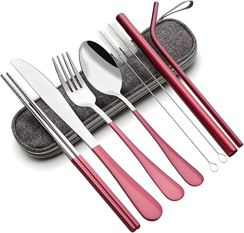 Juego de utensilios portátiles, juego de cubiertos de viaje reutilizables con estuche, juego de cubiertos de acero inoxidable para camping, 8