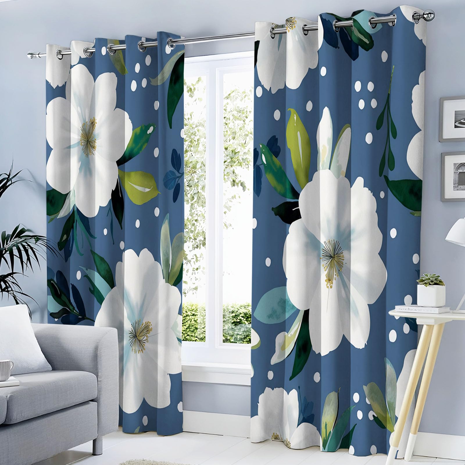 Rideau aquarelle fleurs blanches pour chambre à coucher et salon cosy à pois