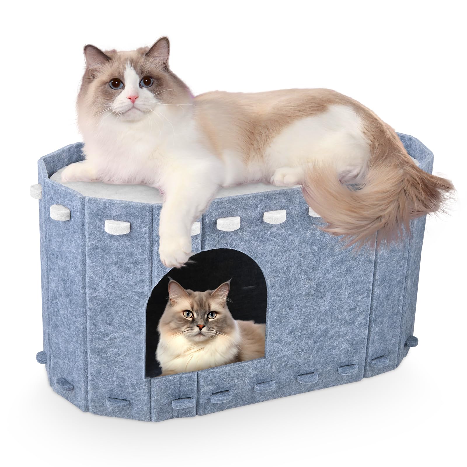 Filz Katzenhöhle Zweistöckig, Abnehmbare Waschbare Katzenhaus mit Doppelseitiger Matte, 58x33x30cm Kratzfest Katzenbett für Indoor Katzen, Vierjahreszeiten Geeignet