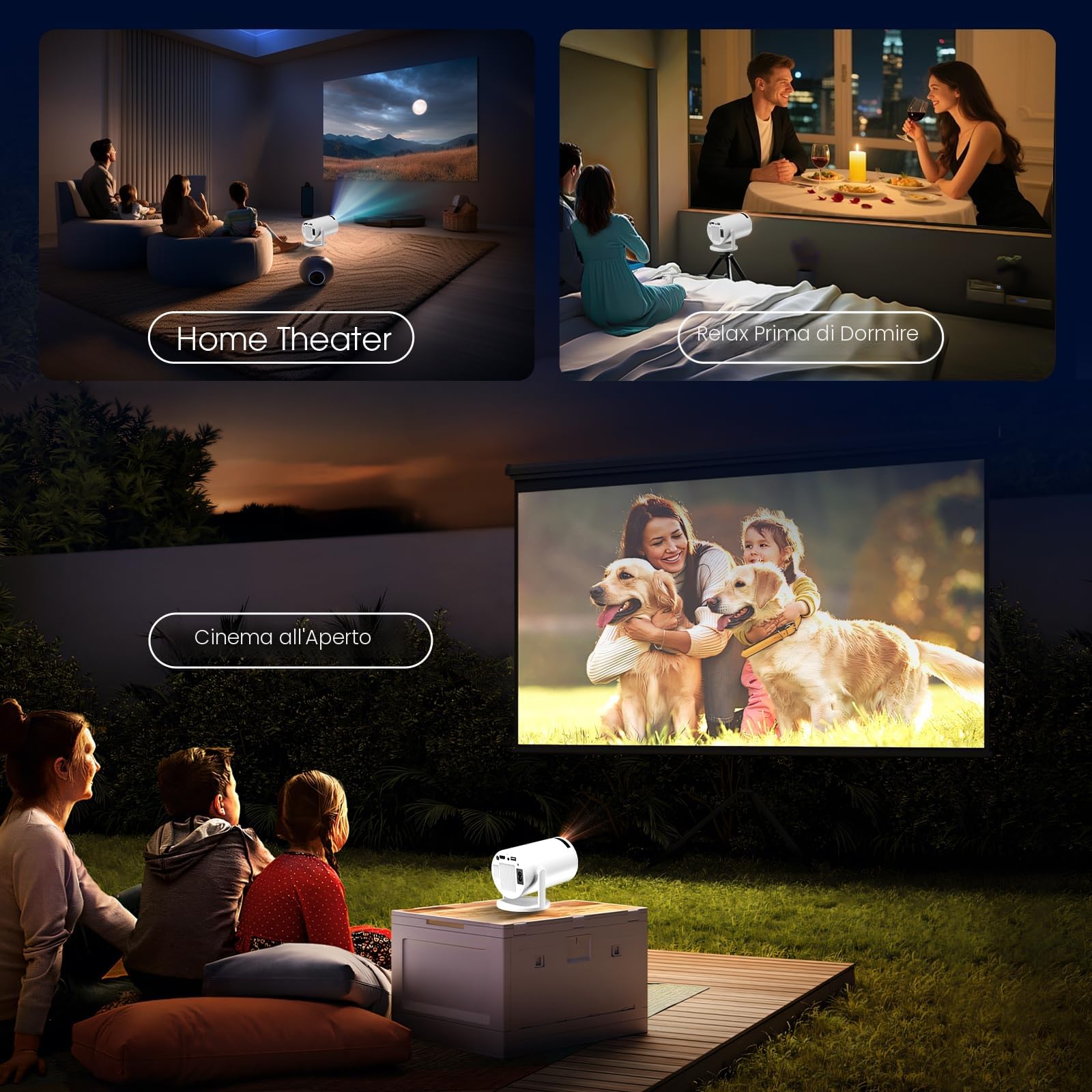 [App integrata] Mini Proiettore 1080P 2024 Upgraded Proiettore Portatile Dual Control con Mouse Android TV Auto Keystone WiFi 6 BT5.2 180° Rotatable HDMI/TV Stick/USB/PS5/Laptop, con Cavo HDMI & Mouse