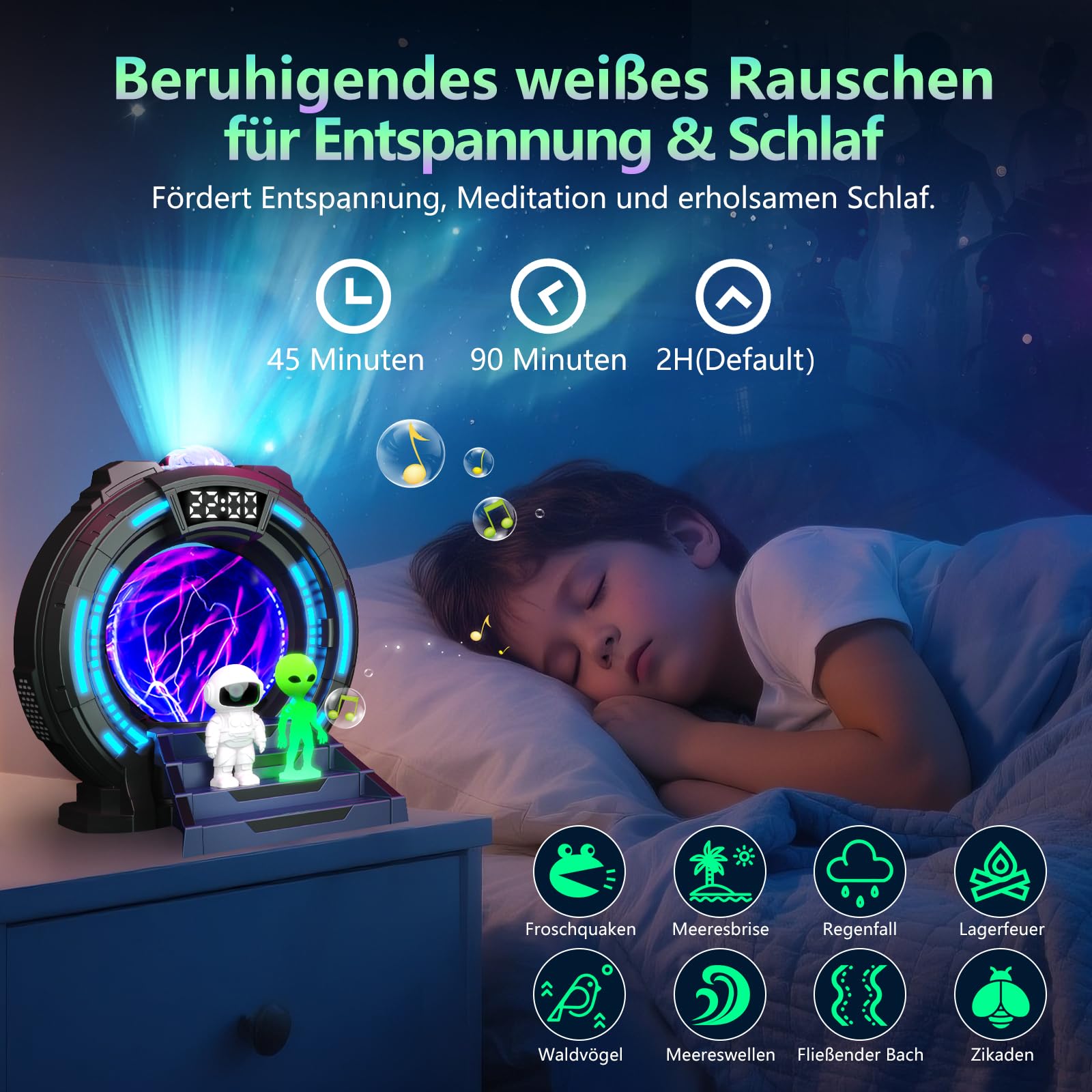Galaxy Projector,Sternenhimmel Projektor Aurora Lampe mit 8 Polarlichtern & 8 Weißrauschen, Astronaut Projektor mit Plasma Ball, Bluetooth Lautsprecher,Creative Lighting,Einschlafhilfe & Entspannung