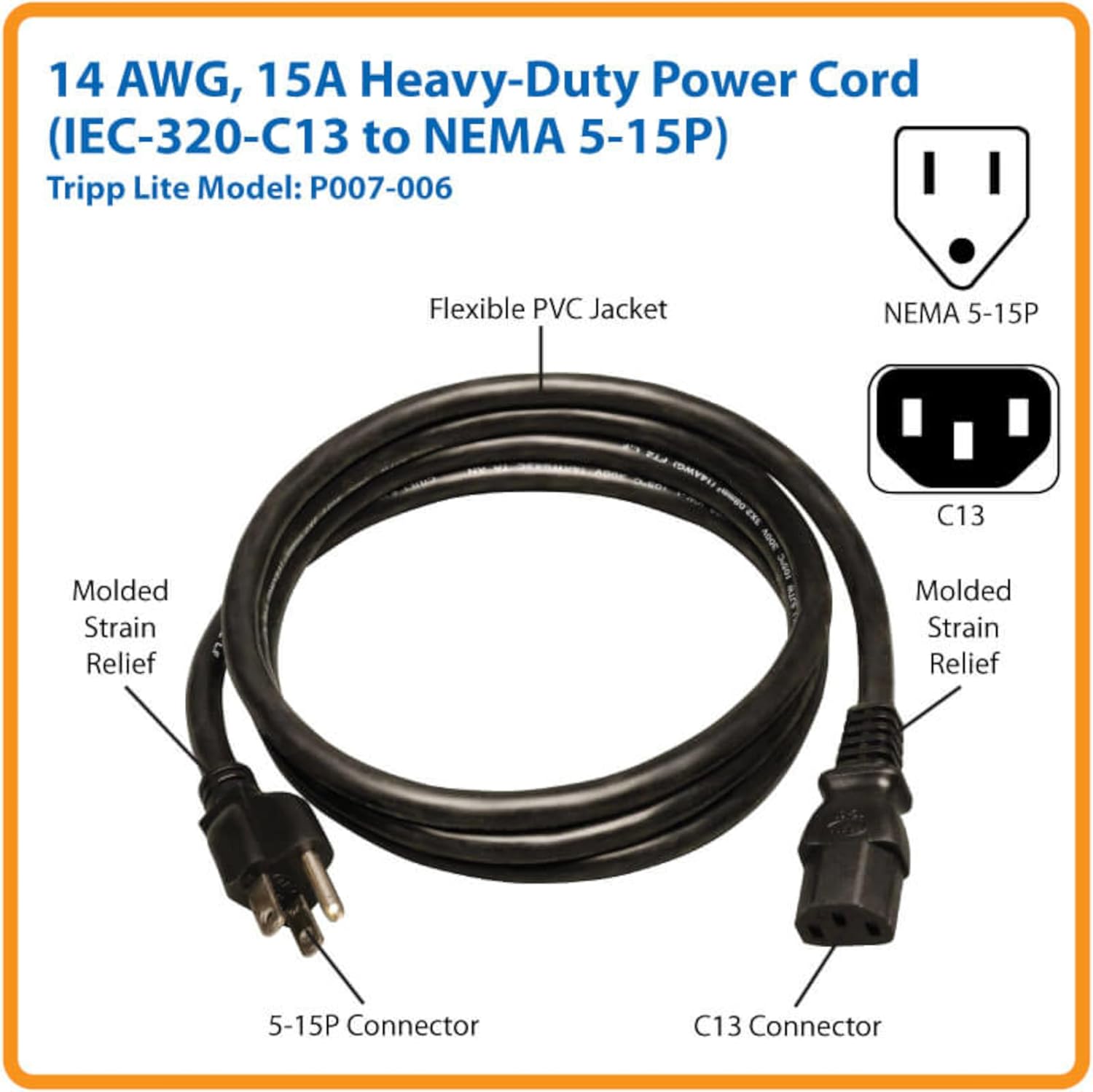 Eaton Tripp Lite Series 15 Amp Standard 6ft Computer Power Cord for PC, Monitor, Laptop & More | UL Listed, Heavy Duty 14 AWG, 5-15P to IEC C13, Replacement 3 Prong AC Power Cable (P007-006)