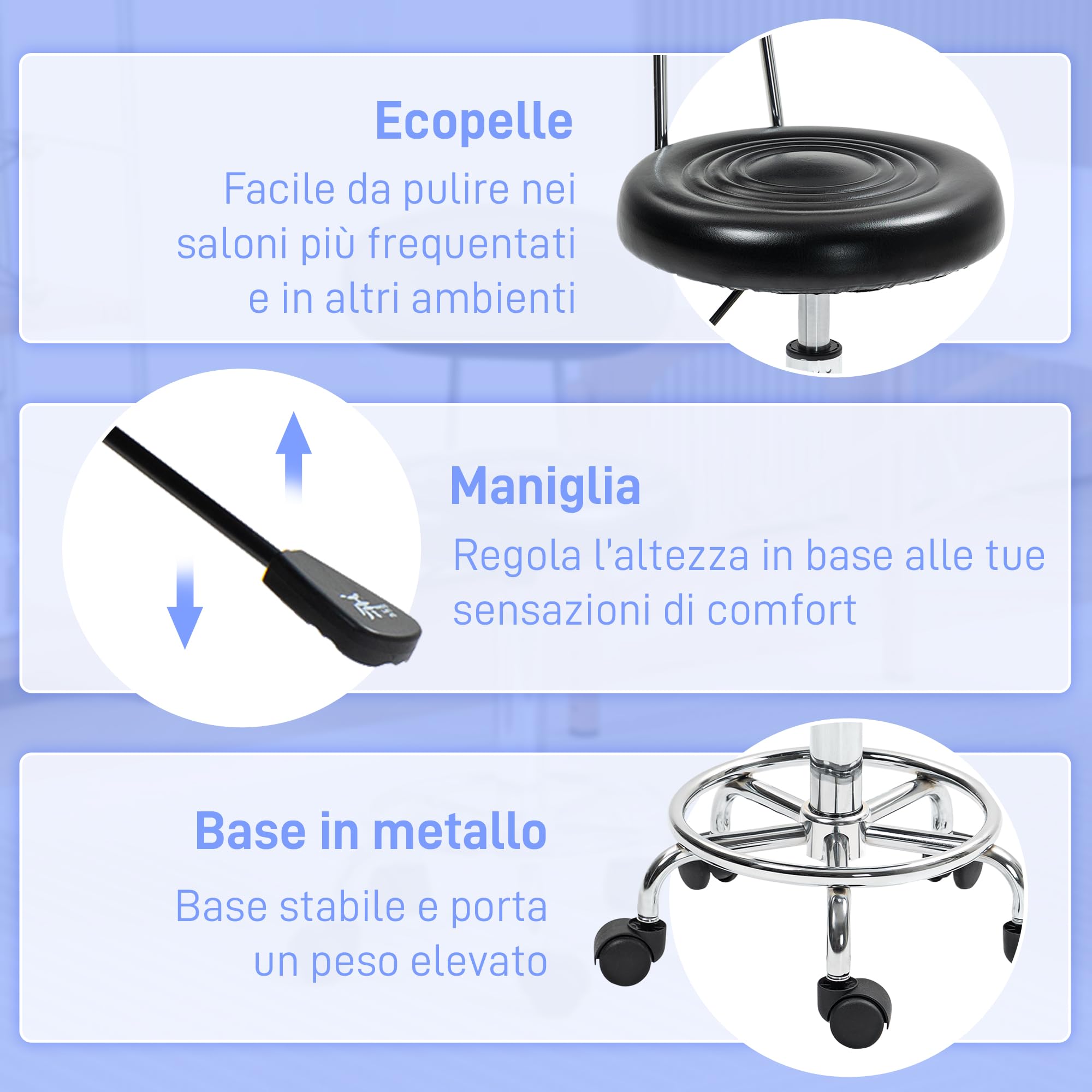 HOMCOM Sgabello Regolabile Girevole a 360°, Sgabello da Estetista con Schienale, Ruote e Poggiapiedi, in Acciaio, Finta Pelle, 32x40x70-86 cm, Nero