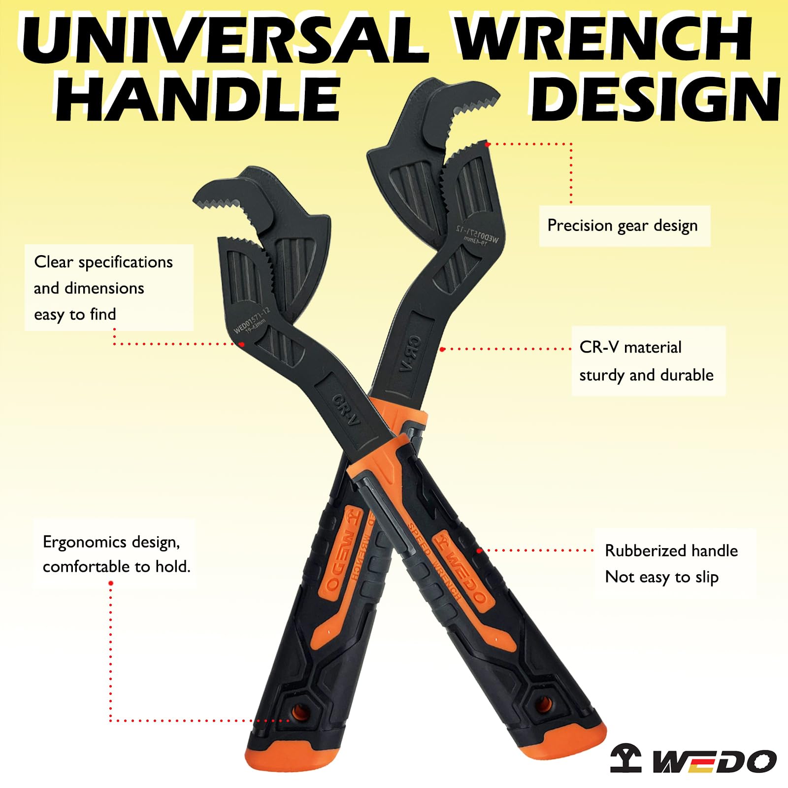 WEDO 3-częściowy zestaw kluczy wielofunkcyjnych, rozmiar 15 cm + 20 cm + 30 cm, uniwersalny klucz nastawny, stal CR-V, antypoślizgowy gumowy uchwyt, klucz sprężynowy, klucz łomowy, samoregulujący