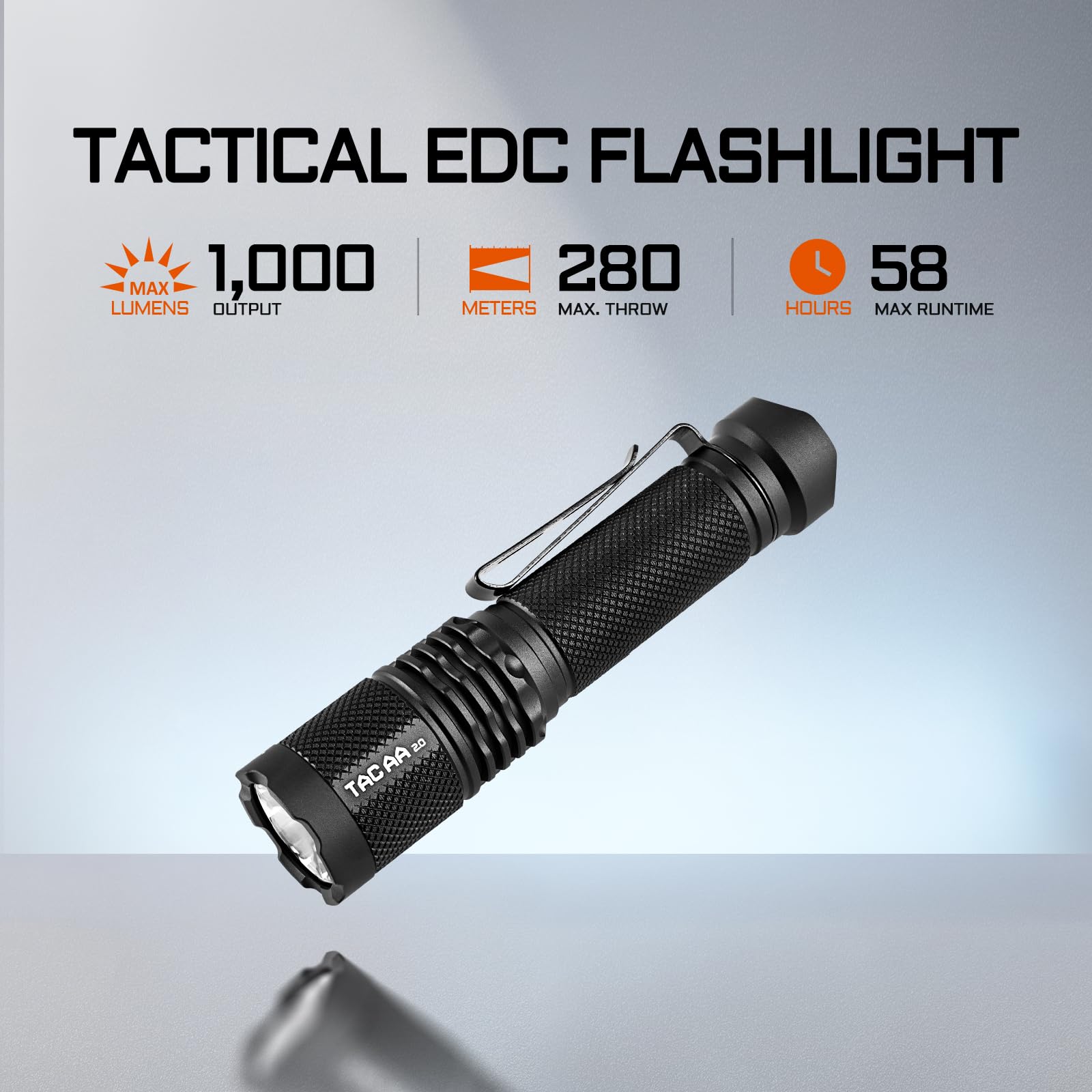 TAC AA 2.0 Lampe de poche tactique EDC AA, 1000 lumens, 280 m, ultra longue portée