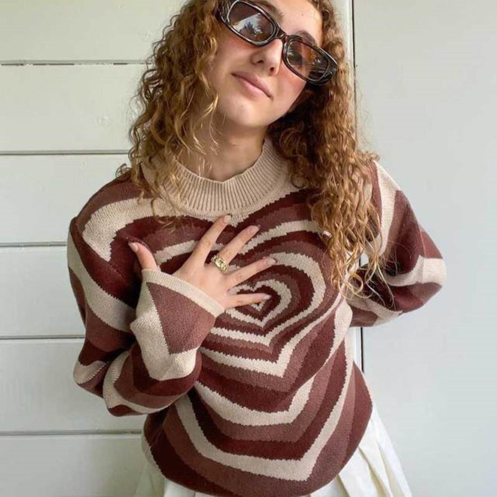 Zxcl Men's Brown Y2k Green Sweater Heart Striped Sweater Turtleneck Sweet Pullovers Knitted Crop Top Long Sleeve Harajuku 90S Knitwear-S,