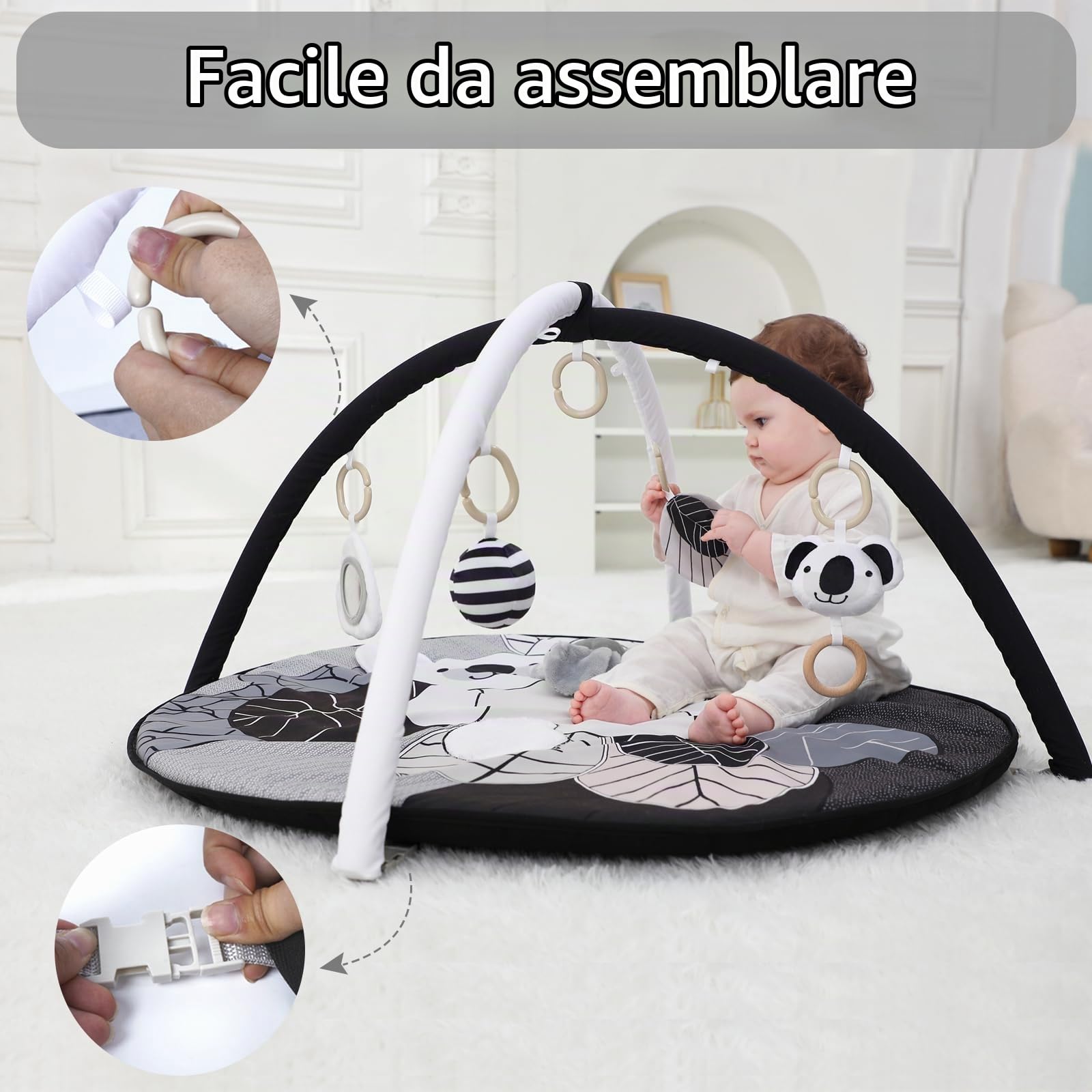 4 IN 1 Palestrina Neonato con 5 Giocattoli Interattivo,Palestrina Bambini Tummy Time,Archi Regolabili,Antiscivolo Addensato