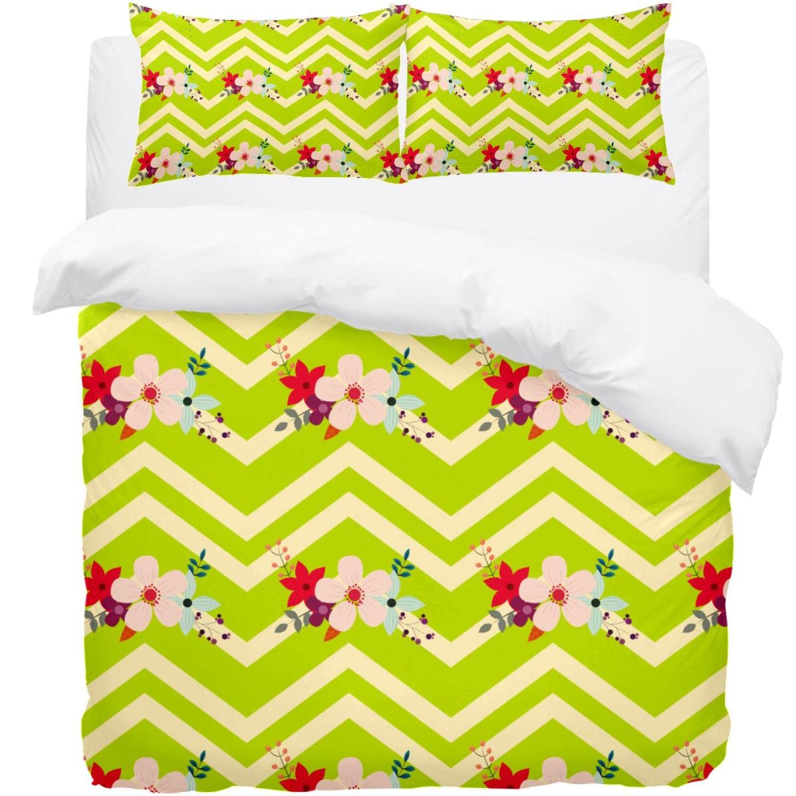 Parure de lit motif floral et zigzag vert pour une chambre relaxante