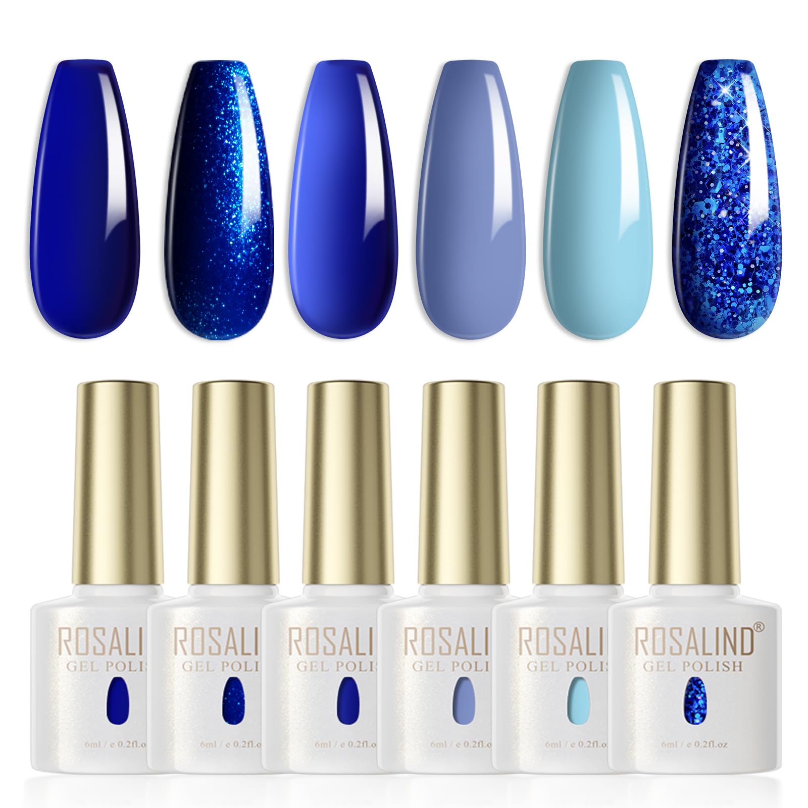 ROSALIND Esmaltes Semipermanentes Para Uñas,6 Colores Azul Marino Azul Lago Azul azul pálido Glitter,Pintauñas Semipermanentes Soak Off UV/LED Gel Uñas Diy Manicura Nail Art Set