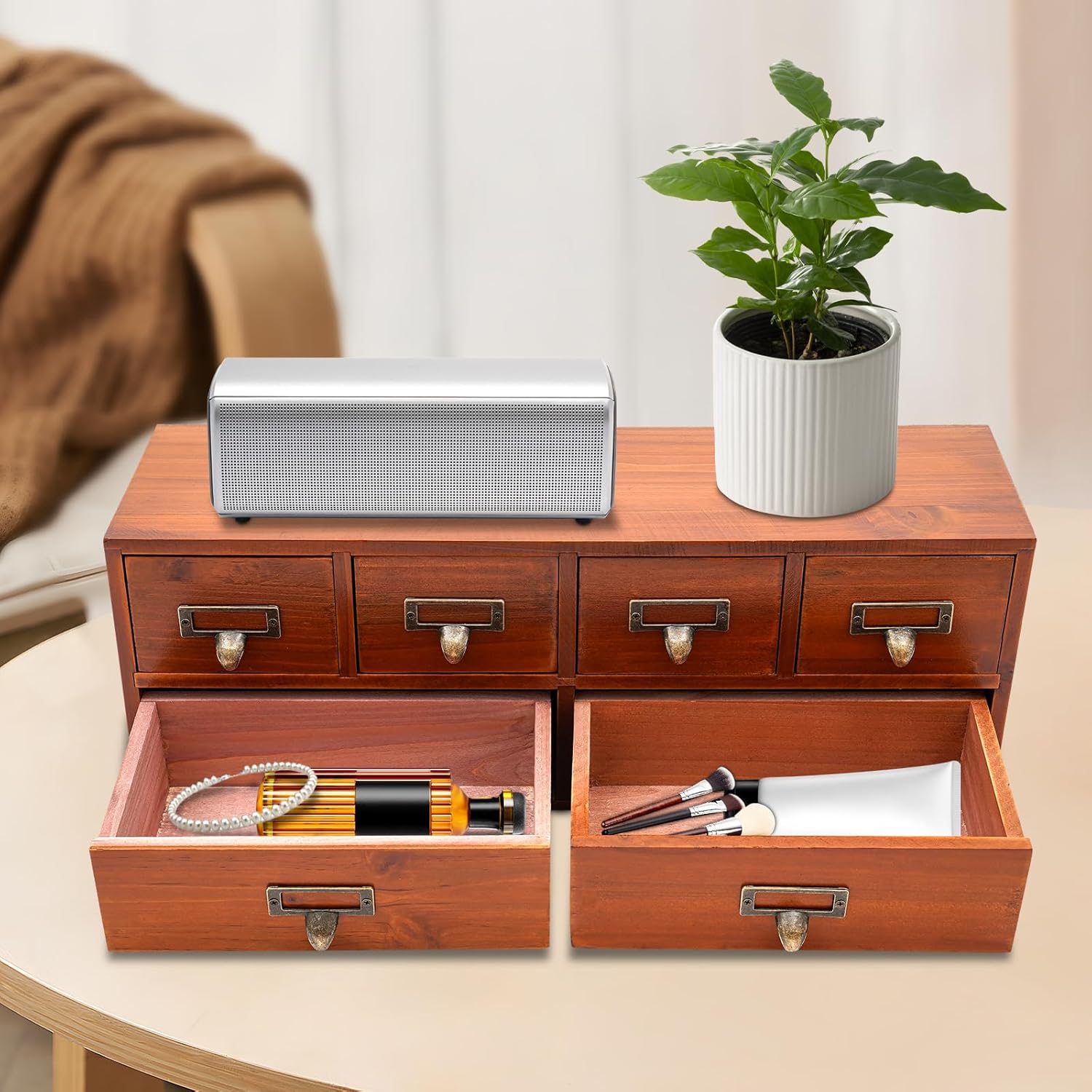 6 Drawers Apothecary Cabinet for Tea, Herb, and Medicine Storage - Vintage Wooden Desk Drawer Organizer Tabletop Chest for Home Office, Brown
