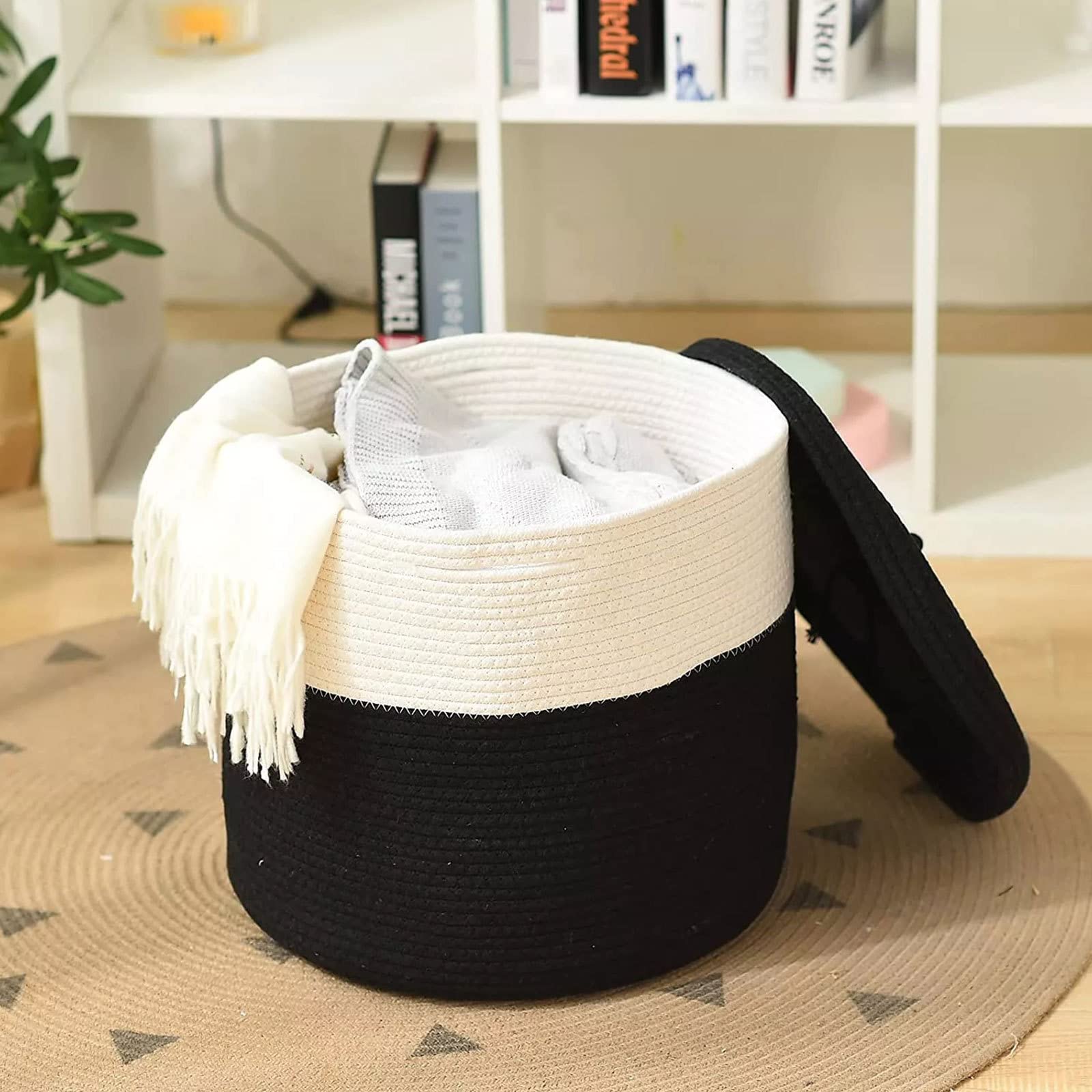 Cesto portaoggetti in Tessuto con Coperchio Cestino in Corda Naturale Cestino Decorativo in Cotone per Coperte Giocattoli Vestiti Portaoggetti con Manici, 15,4" D x 13,8" H,Black