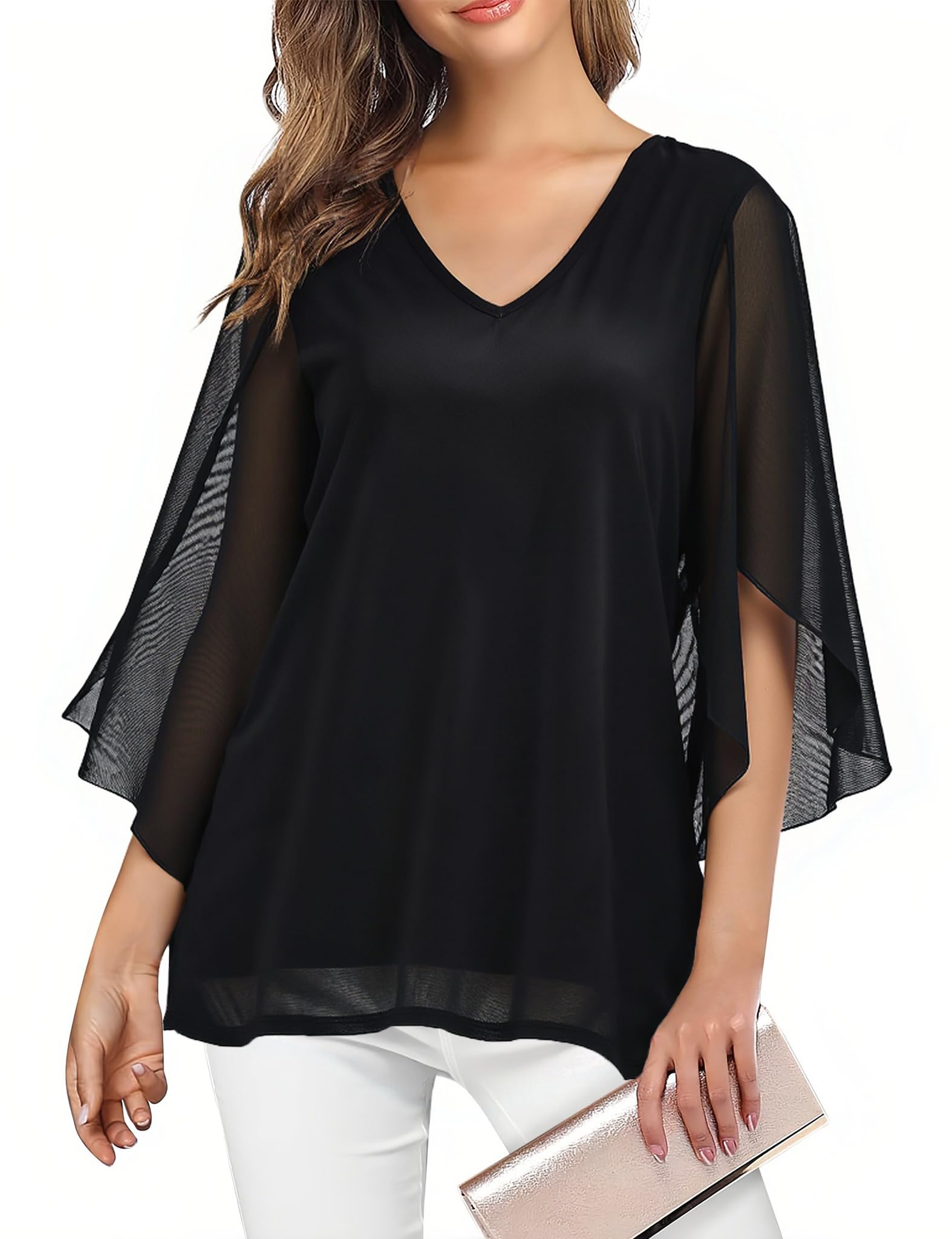 Enmain Blusas de Mujer Elegantes Camisas Mujer 3/4 Manga Larga Cuello en V Blusa Suelta Casual Camisa Volantes Mujer Verano Primavera