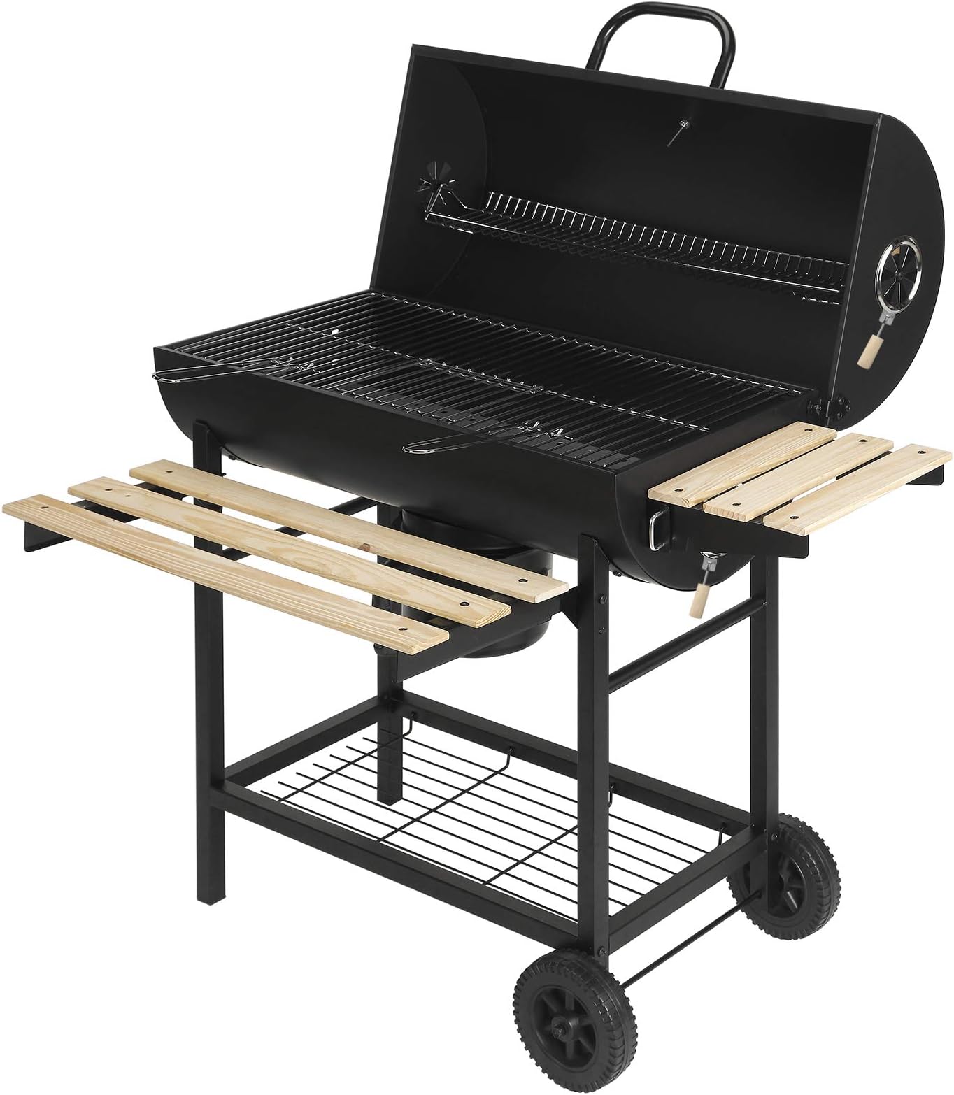 Large Charcoal Trolley Barrel BBQ Barbecue Grill Big Garden Outdoor Cooking Patio With Heat Indicator Wheels Wooden shelves Smoker